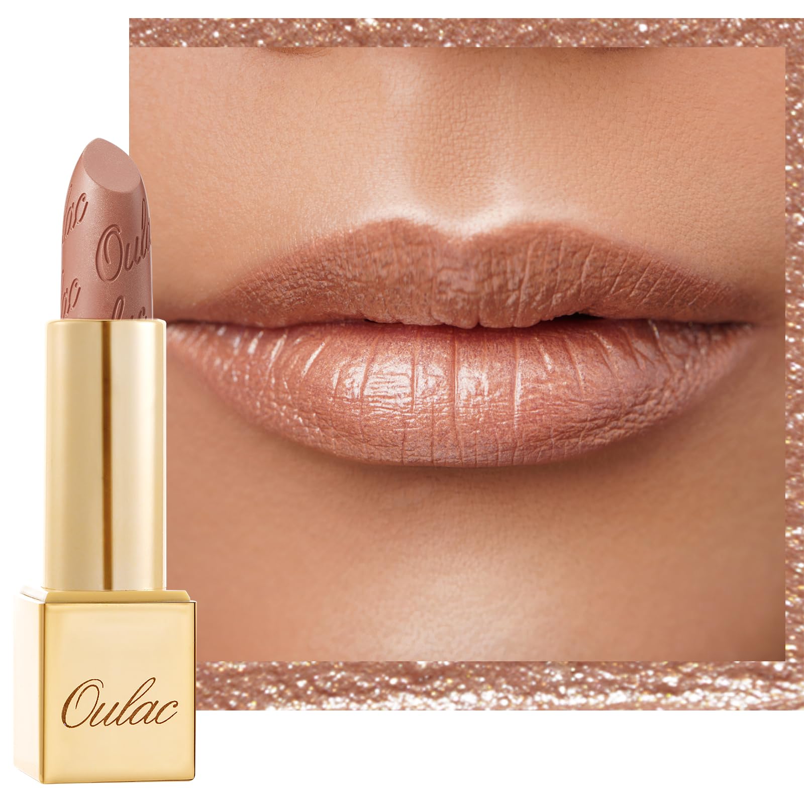 OulacMetallic Shine Glitter Lipstick, Nude High Impact Lipcolor, Lightweight Soft and Ultra Hydrating, Long Lasting, Vegan & Cruelty-Free, Full-Coverage Lip Color 4.3 g/0.15 Sahara Gold(10)