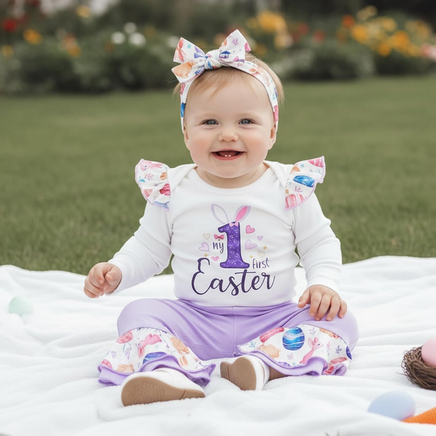 My First Easter Baby Girl Outfit Newborn Bunny Romper Bell Bottom Pants Headband 1st Easter Baby Spring Clothes - Image 2