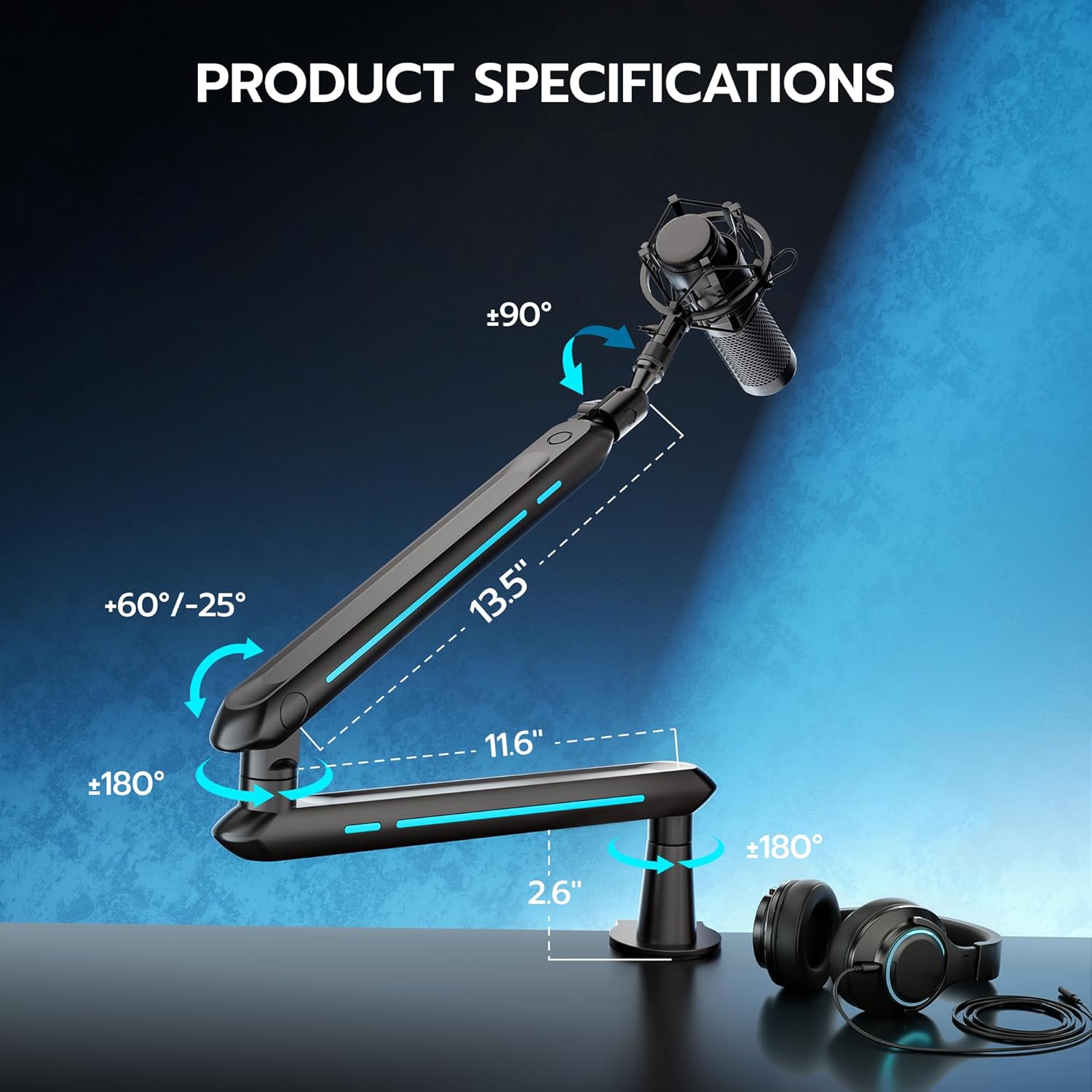 ARES WING Aluminum Low Profile Mic Arm with 4.4 lbs Load Capacity, Adjustable Microphone Boom Arm with 3/8” to 5/8” Screw Adapter, Desk Mount Mic Stand for Gaming Streaming Podcasting, Black