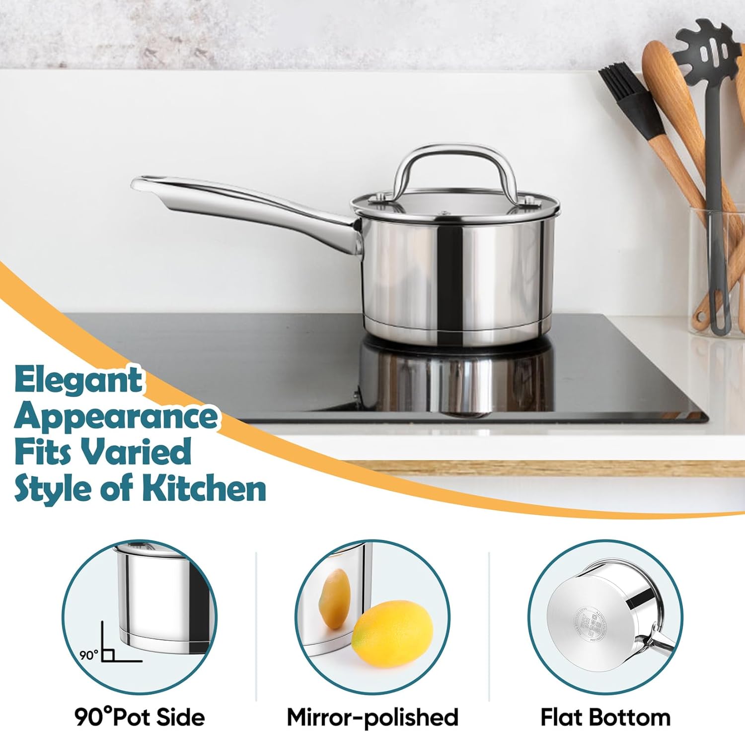 P&P CHEF 1 Quart Saucepan with Lid Set, Stainless Steel Small Cooking Pot Induction Sauce Pan for Pasta Soup, Ergonomic Handle & Tri-ply Base, Dishwasher Safe, 1 Pan - Image 7