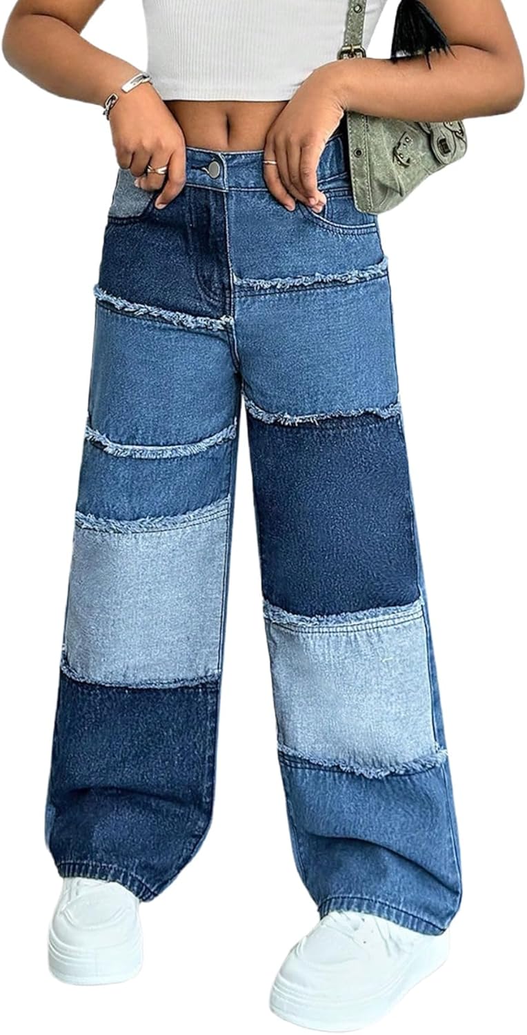WDIRARA Girl's Color Block Wide Leg Jeans Raw Trim Baggy Denim Pants High Waisted Trousers