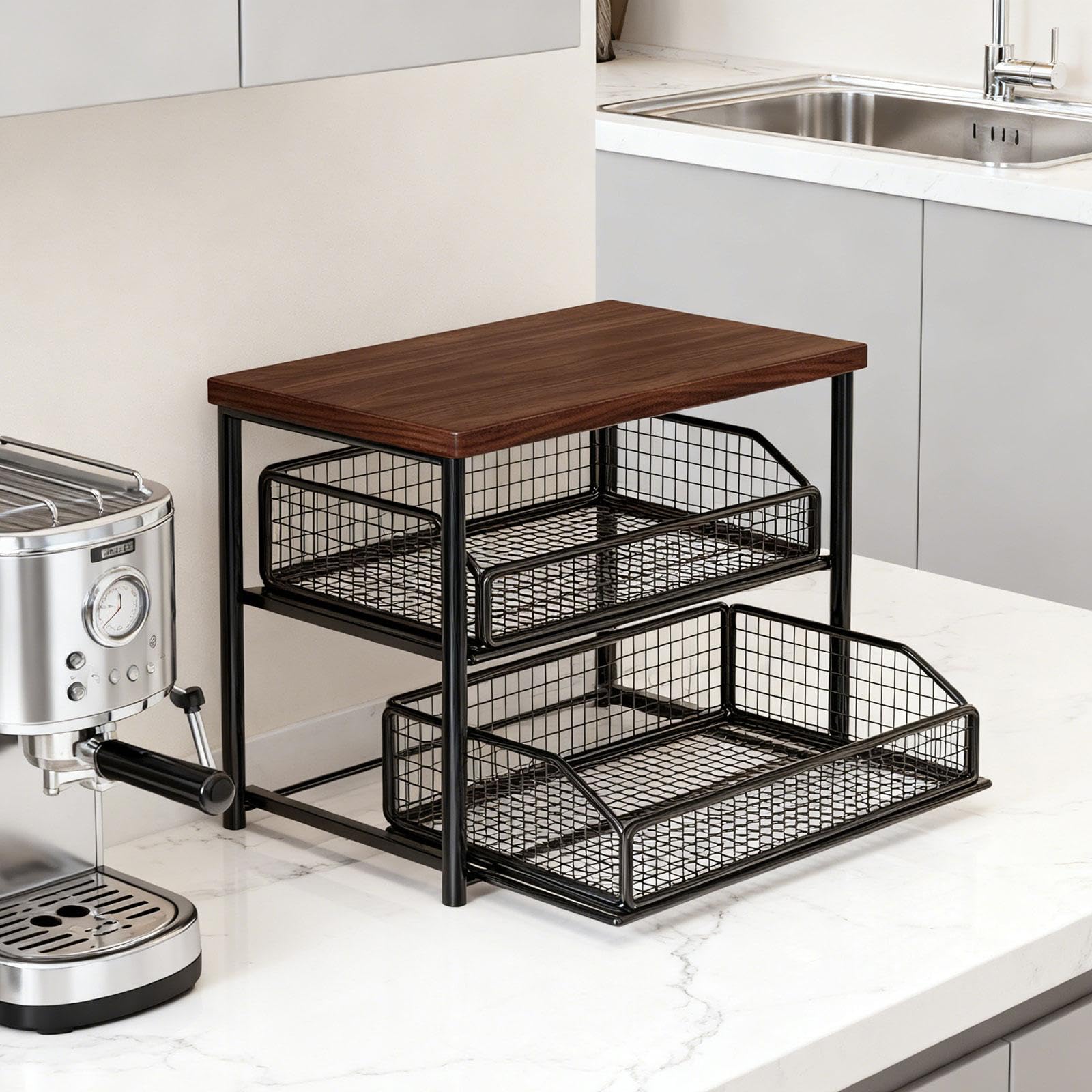 Kaffee Station Organizer Regal mit Schublade Zweistufige Ablage Aus Eisen Und Holz Ideal Zur Aufbewahrung von Tassen Und Zutaten für Küche Kaffeebar V, Schwarz