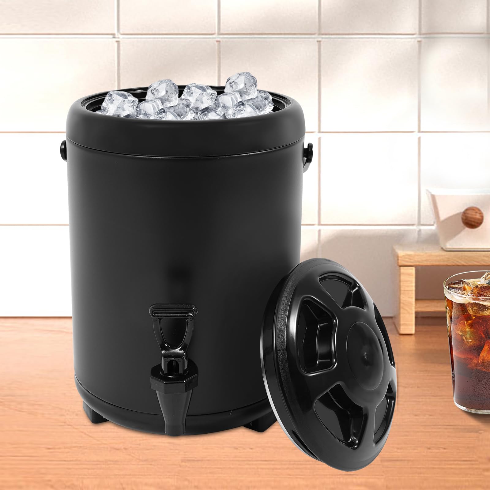 Contenitore termico con rubinetto, dispenser di bevande calde e fredde, 6 l, in acciaio inox, per caffè, latte freddo, acqua, succo (nero)