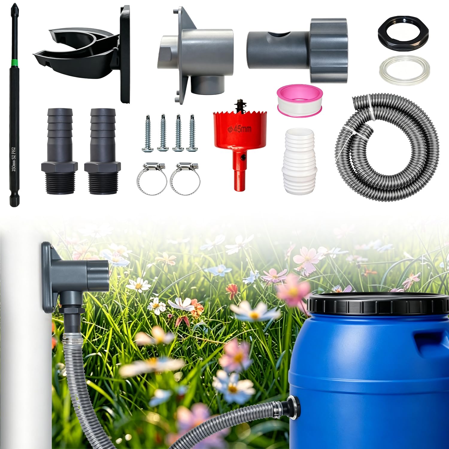 Collecteur Eau de Pluie pour Tuyau de Descente Ø 70-110mm Récupérateur d Eau de Pluie pour Gouttière Recuperateur d Eau de Pluie Récupérateur d'eau avec Accessoires de Montage