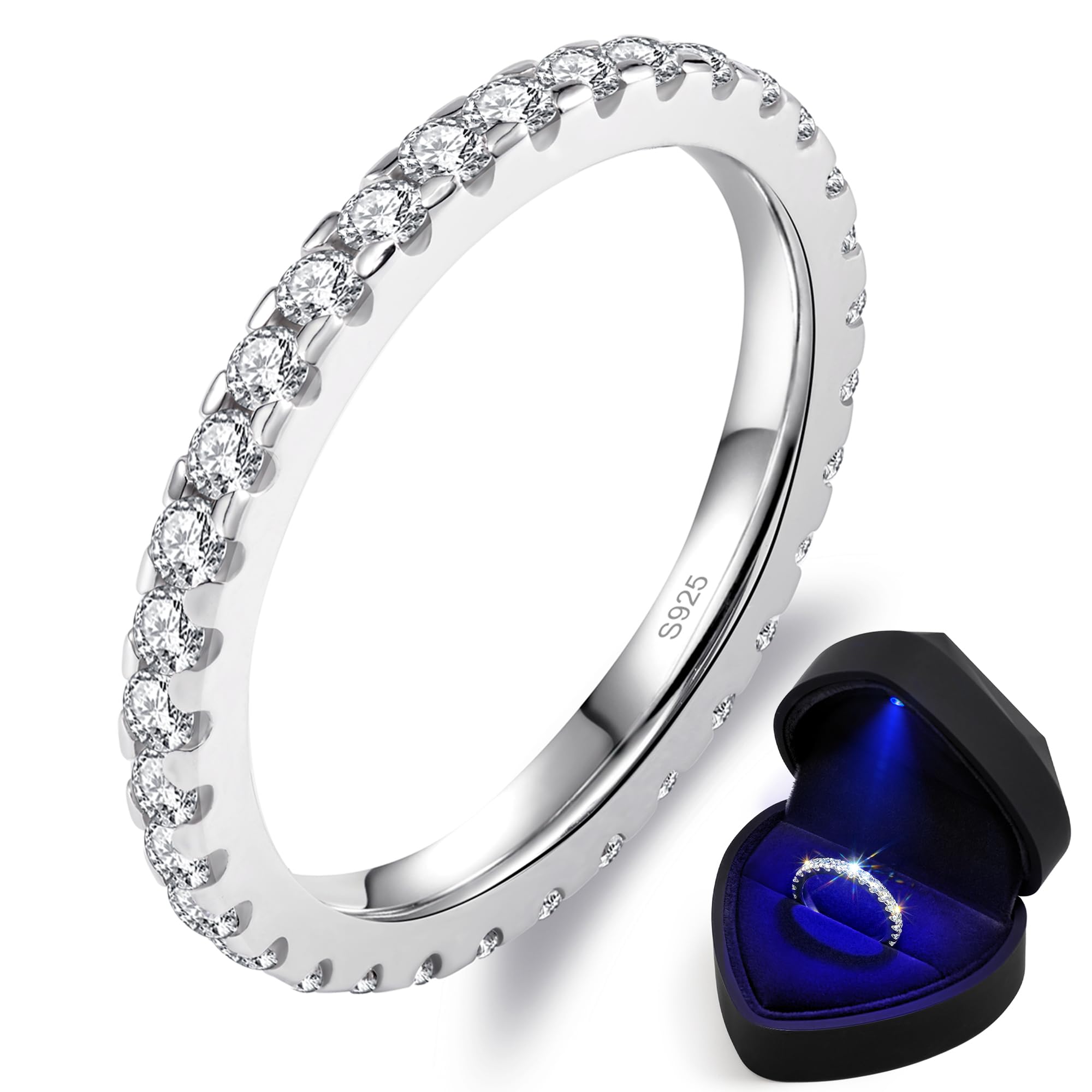 Moissanite Rings for Women, Solid S925 Sterling Silver with 18K White Gold Plated Full Eternity Wedding Bands Stackable Engagement Ring - 1CT 2.3mm D Color VVS1 Moissanite Jewelry Anniversary Band