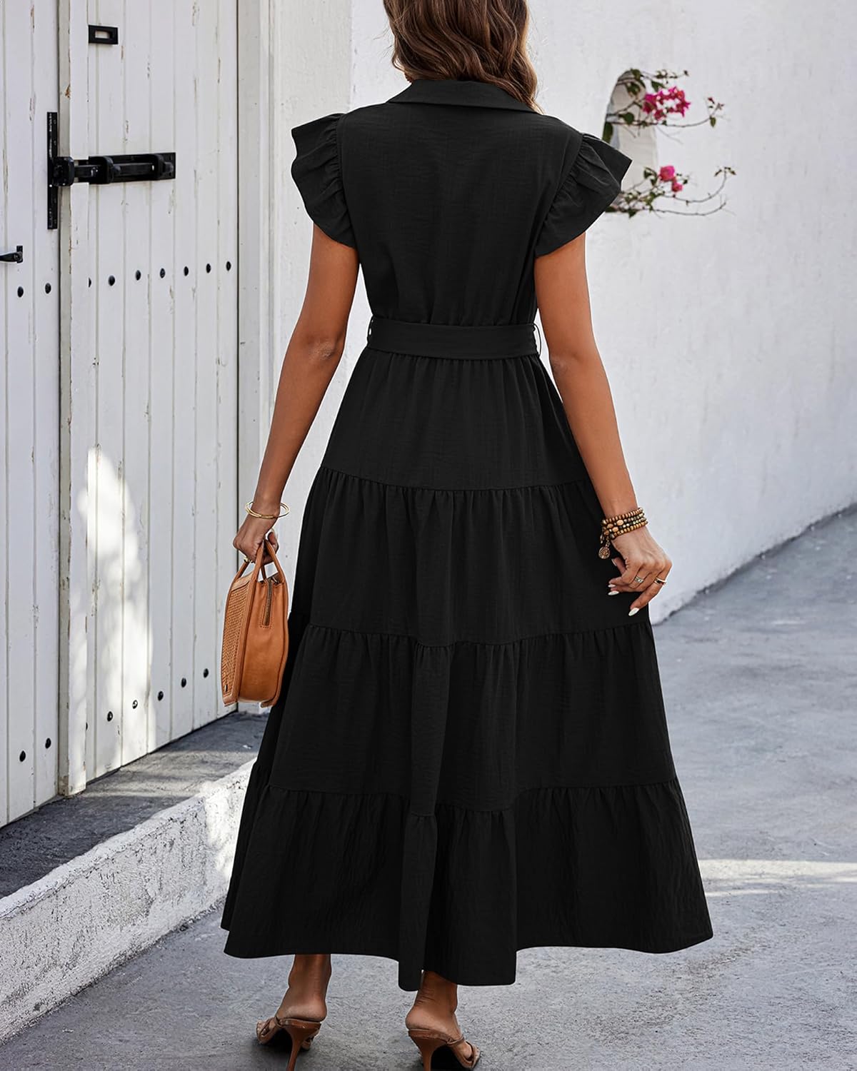 dowerme Women's Summer Casual Dresses 2026 Cap Ruffle Sleeve V Neck Button Belted Tiered Boho Maxi Dress with Pockets - Image 5