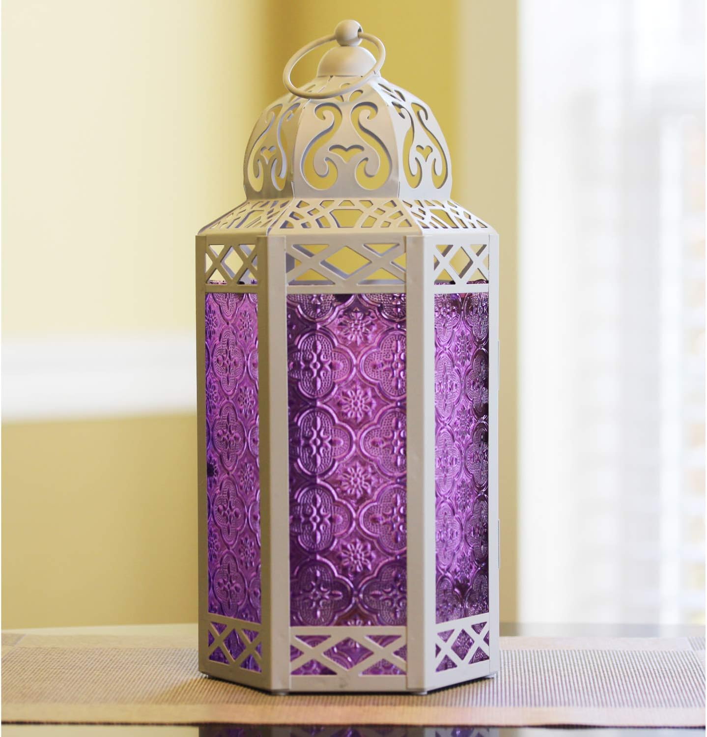 Vela Lanterns 12" Metal Moroccan Decorative Candle Lantern Holders for Hanging or Table, Indoor Home Decor, Outdoor Patio or Porch, Weddings, White, Purple Glass, Large