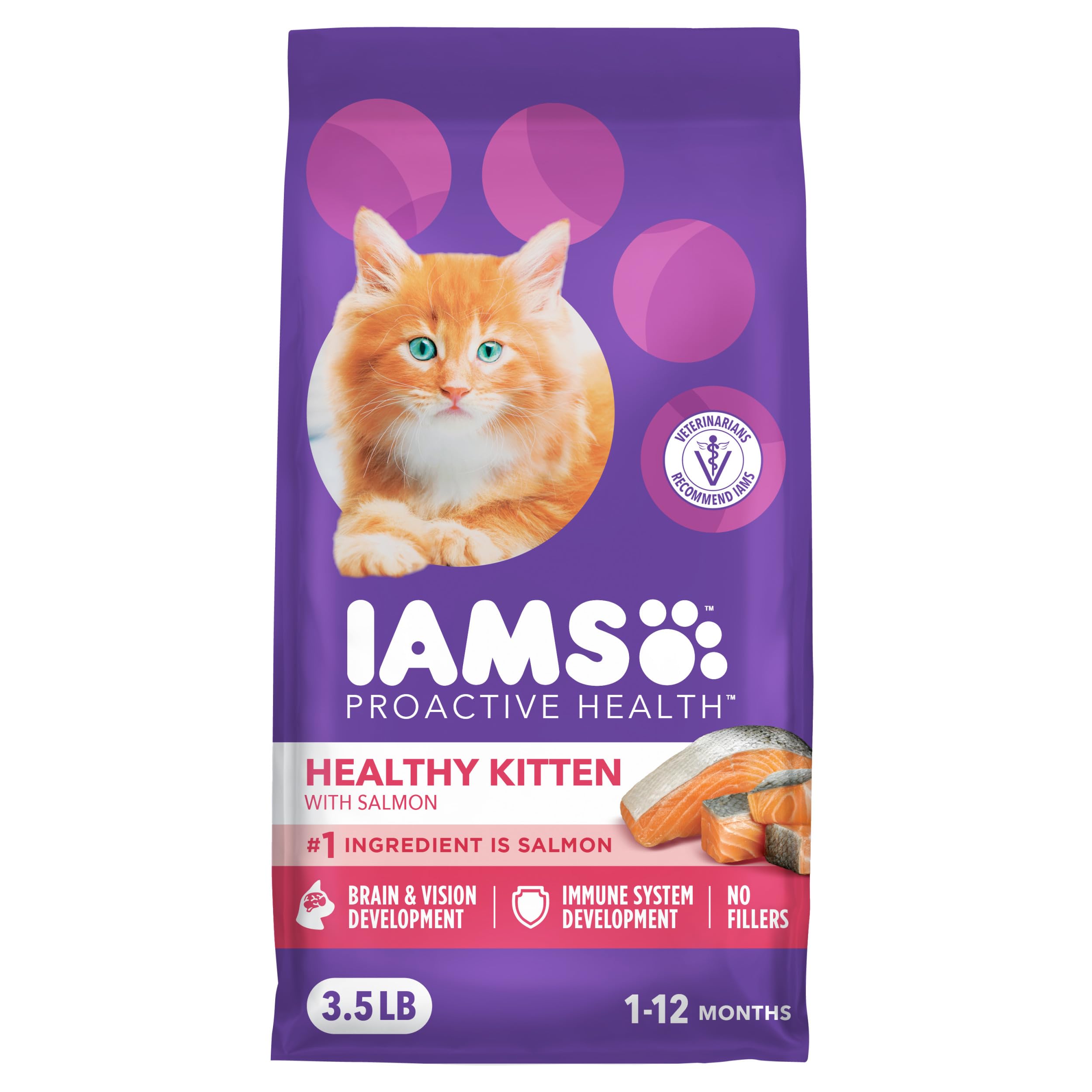 IAMS Proactive Health Healthy Kitten Dry Cat Food, Salmon, 3.5 lb | Salmon #1 ingredient, DHA omega-3 for brain development, prebiotics &amp; beet pulp, Vitamin E immune support