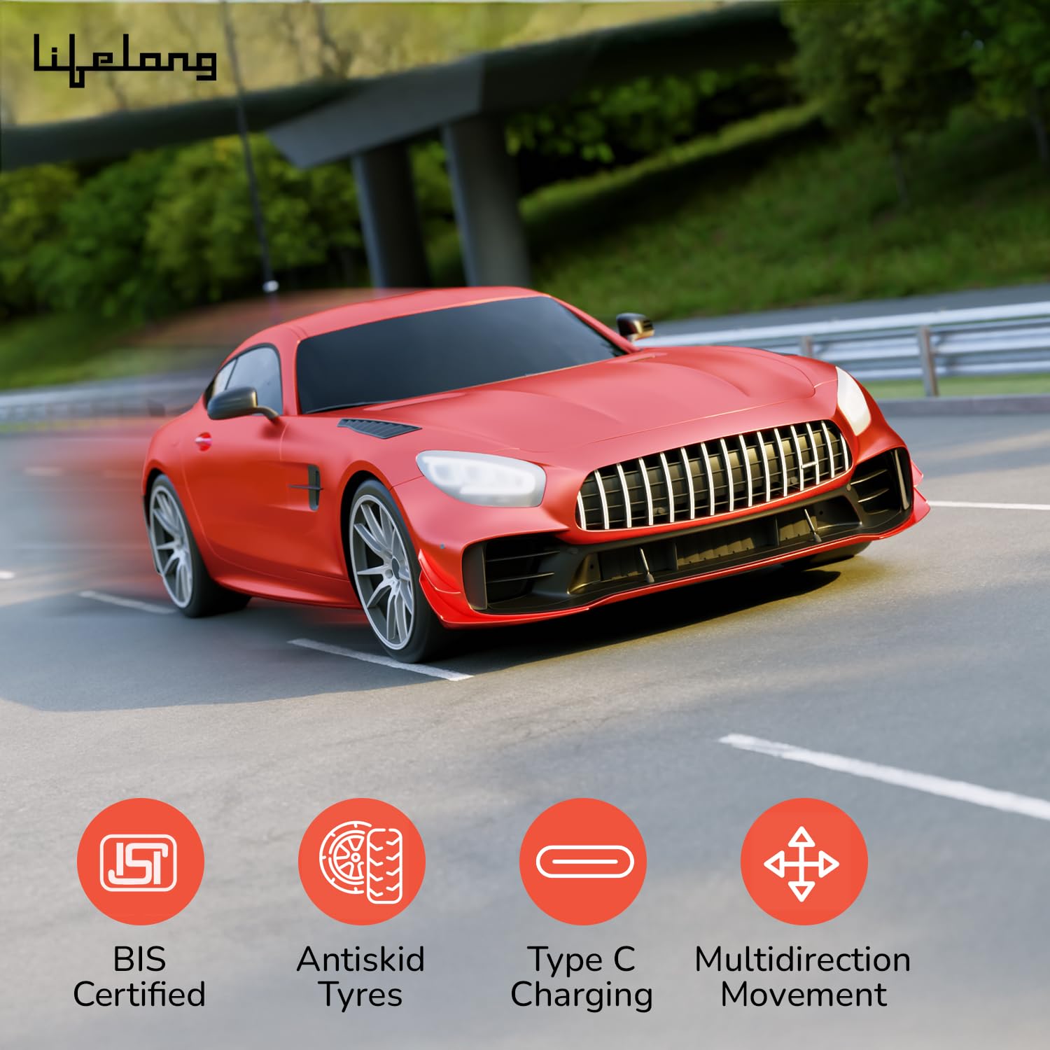 Lifelong Rechargeable Remote Control Car for Kids|2.4GHz, LED Headlights, Upto 120 min Non-Stop Play Time, 125ft Remote Range, Type-C Charging, Anti-Skid Tyres, BIS Certified (LLCRRC01) (Red) — Amazon image 6