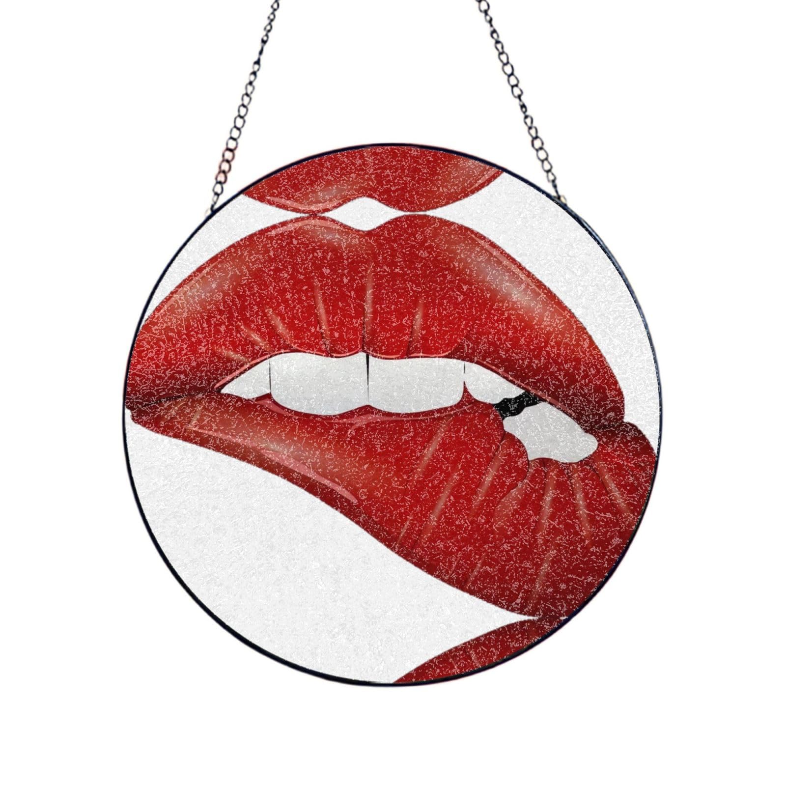 Phayah Lip Print Glass Window Hanging Round Suncatcher Glass Ornament Garden Wall Fence Decorations Indoor Outdoor 8in（20cm）