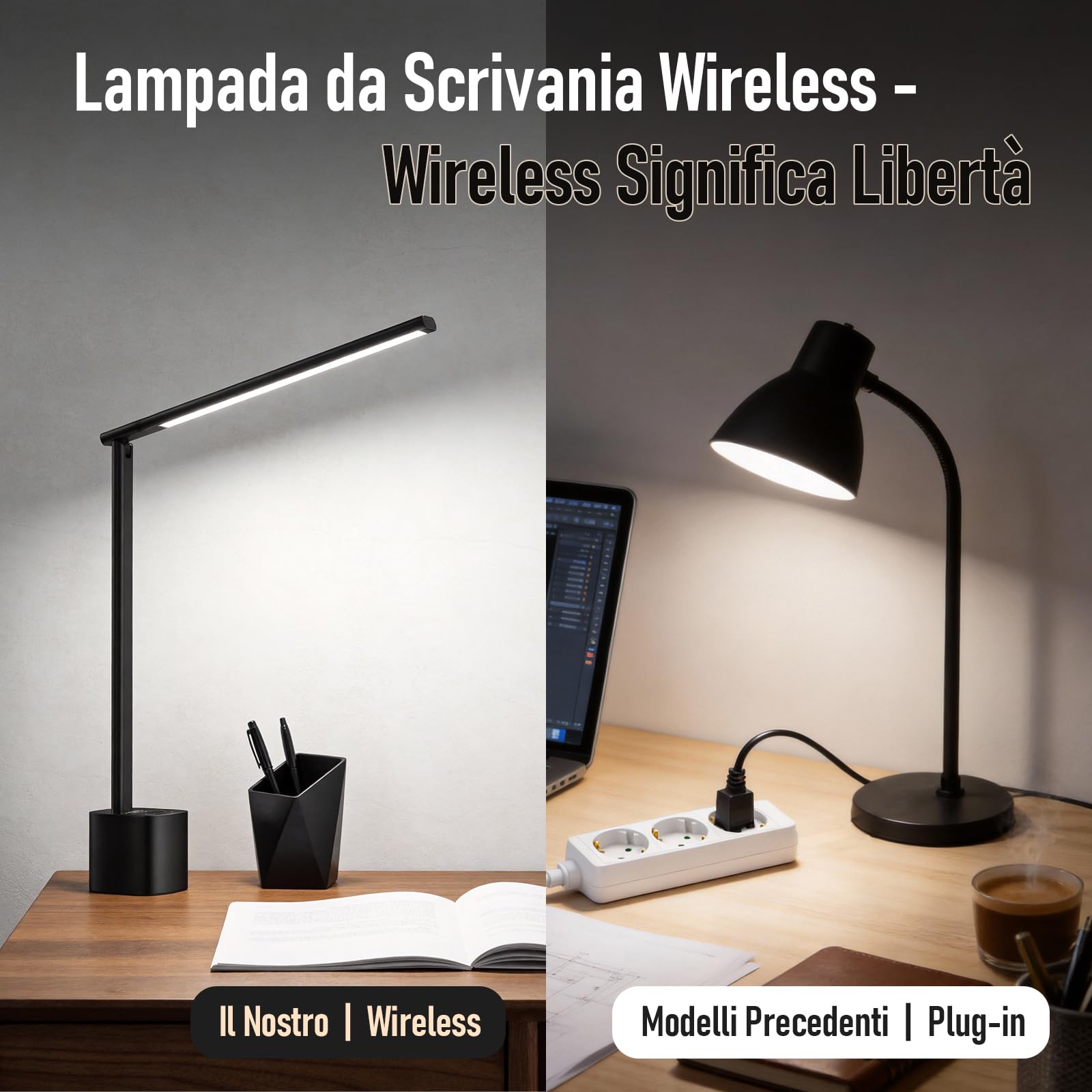 Jeebel Lampada Scrivania Wireless, 5000mAh Batteria LED Desk Lamp con Touch Dimmerazione Continua, 3 Temperature Colore, Angolo di Illuminazione Regolabile 180°, Portatile Luce Scrivania per Ufficio