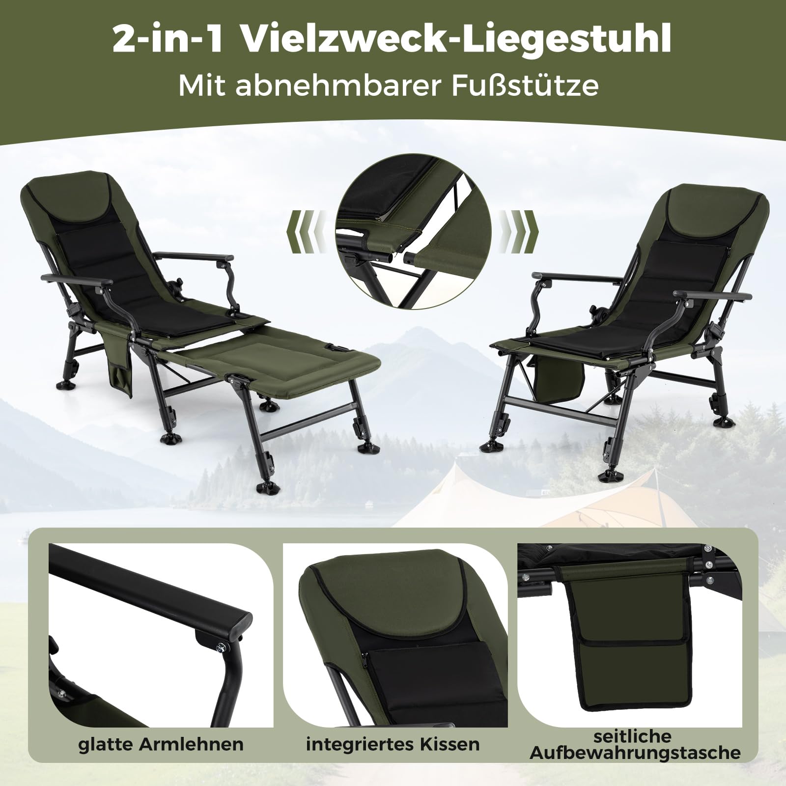 COSTWAY Angelstuhl mit Abnehmbarer Fußablage, Campingstuhl mit Verstellbarer Rückenlehne & gepolsterter Hochlehne, Karpfenstuhl höhenverstellbar, Faltbarer Fischerstuhl für Camping, Angeln, Zelten