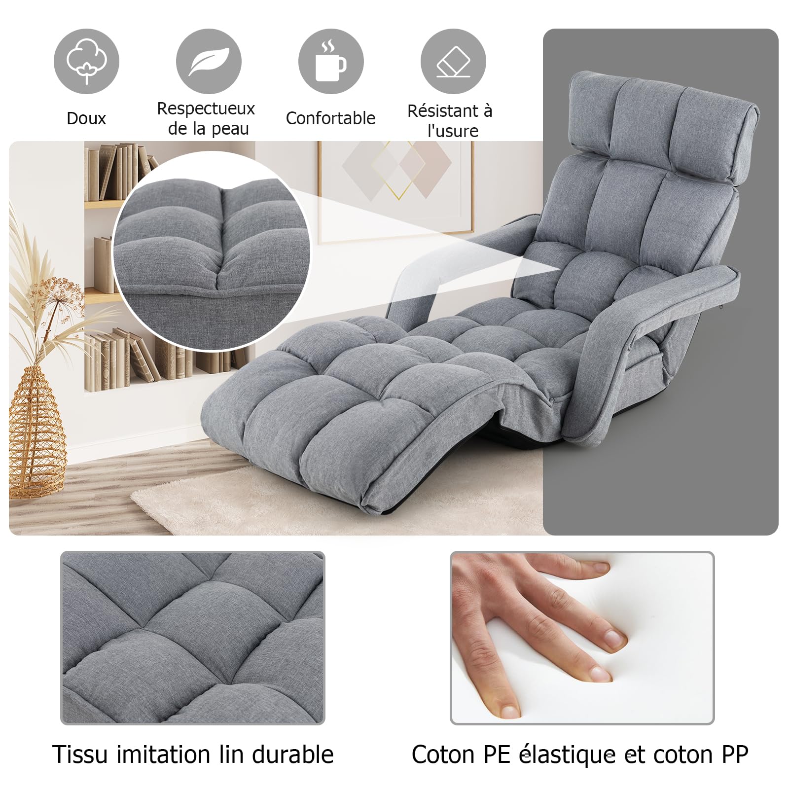 GOPLUS Fauteuil de Sol Pliable à Accoudoirs avec Tête, Dossier et Pieds Ajustables, Chaise de Sol Multifonctionnel pour Lecture, Yoga, Méditation, Canapé Paresseux Rembourré Charge 120KG (Gris)