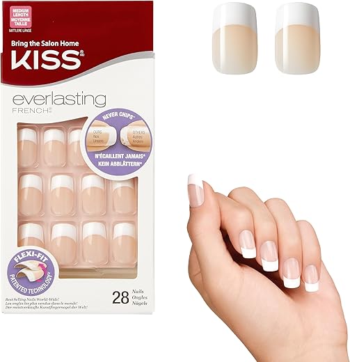 KISS Everlasting, Press-On Nails, Nail glue included, 'Infinite', French, Medium Size, Squoval Shape, Includes 28 Nails, 2g Glue, 1 Manicure Stick, 1 Mini file