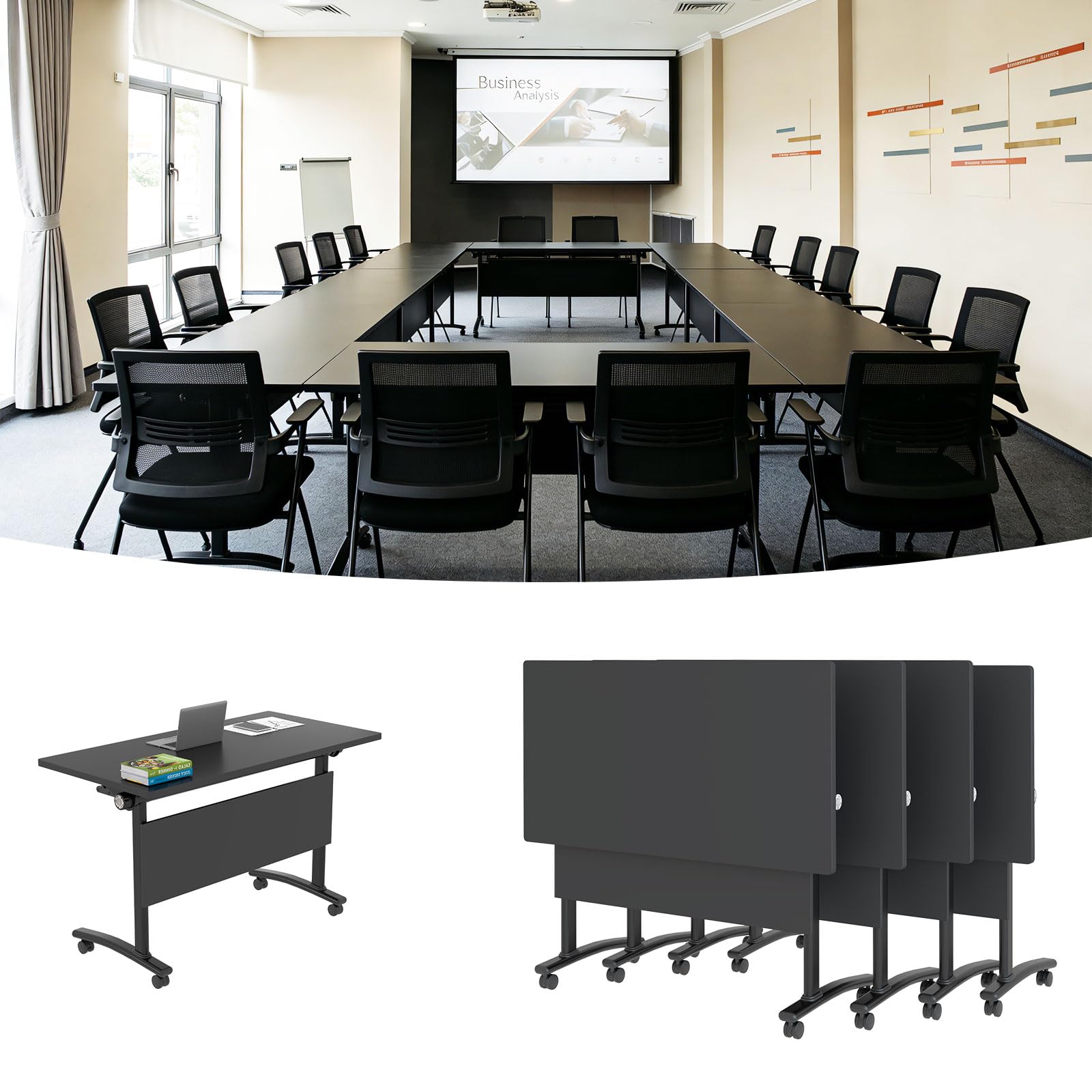 Modern Conference Table, Folding Conference Table with Wheels, Flip Top Mobile Meeting Table for 2-16 Person, Modular Seminar Training Room Table for