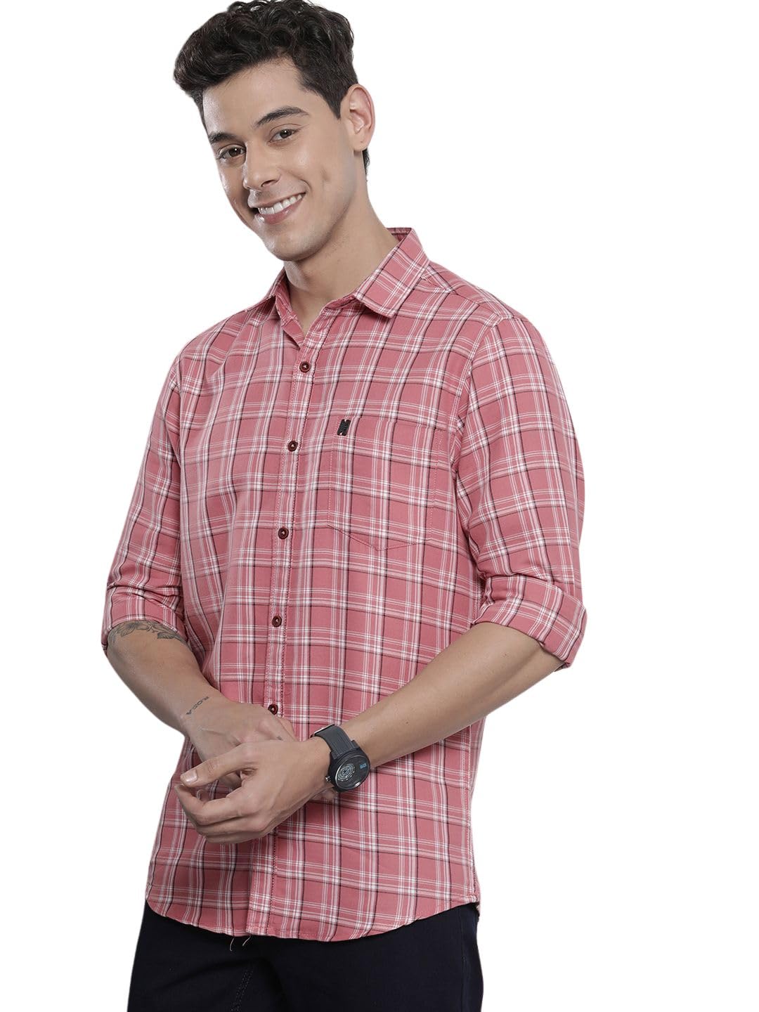 The Indian Garage Co Men’s Cotton Regular Fit Checkered Full Sleeves Cutaway Collar Casual Shirt