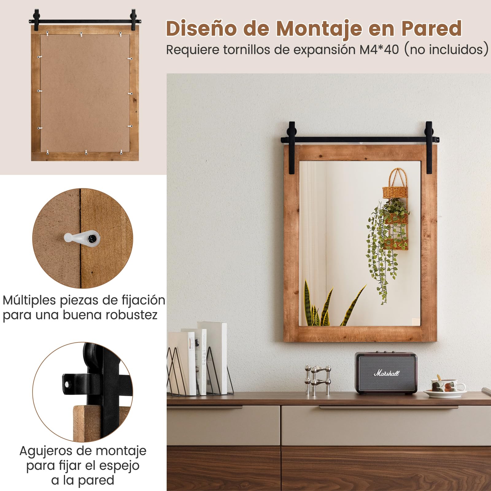 RELAX4LIFE Espejo Decorativo de Pared de 76x55cm, Espejo Pared con Marco de Madera de Abeto y Soporte de Metal para Salón, Dormitorio, Baño, Recibidor y Entrada (Natural)