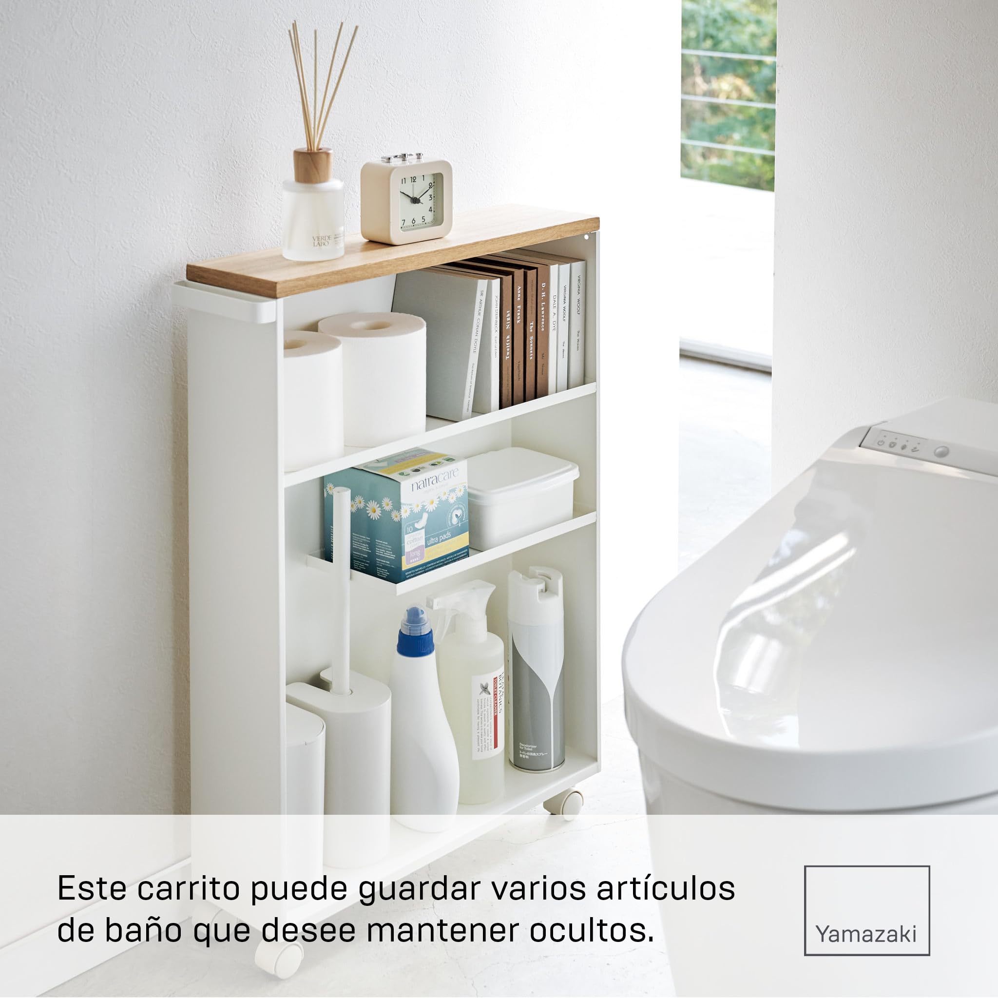 YAMAZAKI 4306 Tower Carro de Almacenamiento semicerrado, Blanco, Acero/Madera, minimalistisch, 47,5 x 13 x 68 cm (L x A x A)