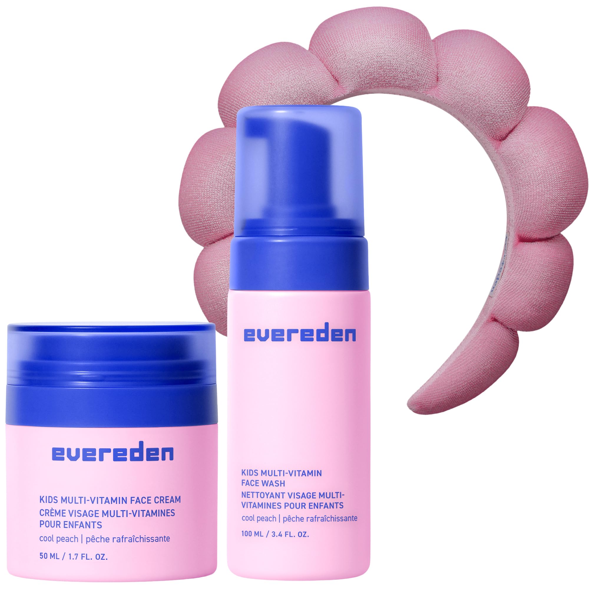 Evereden Set di fasce per capelli Duo & Spa per bambini, detergente e crema multi-vitaminica + fascia in spugna morbida, cura della pelle nutriente e gestione dei capelli divertente per bambini dai 3