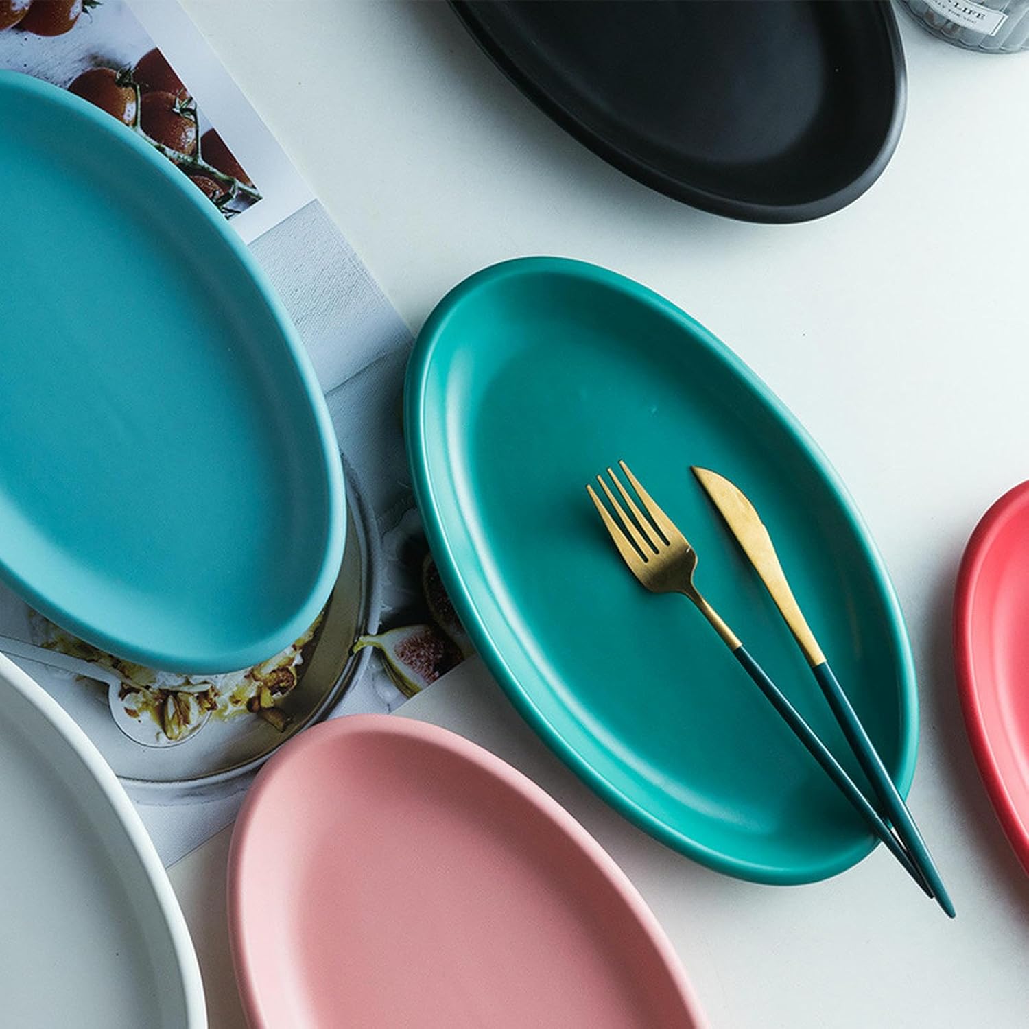 Oval glazed ceramic plate, hotel restaurant thickened home steamed fish plate - 14 inches - black