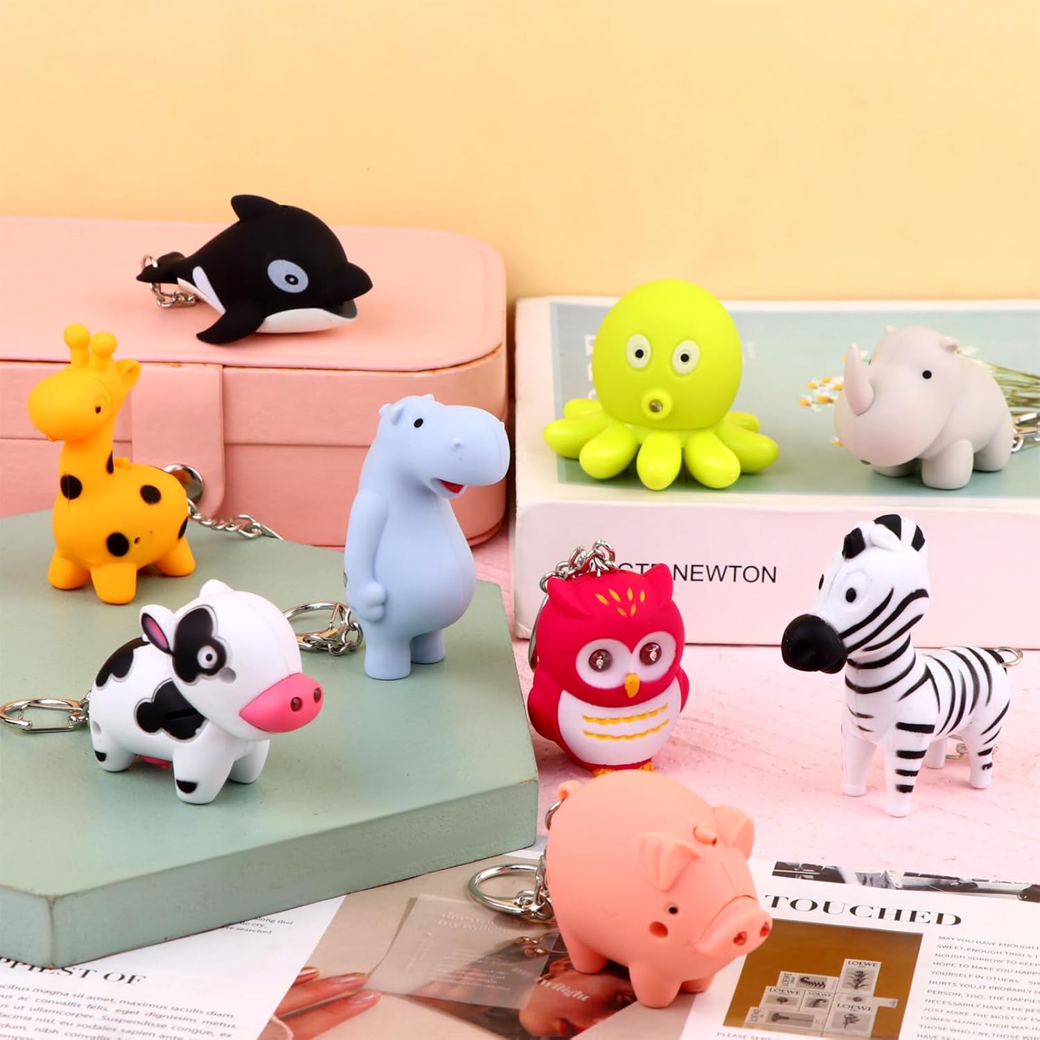 9 PCS Animal Flashlight Keychain - Pediatric Nurse Badge Reel with Cow, Giraffe, Elephant, Octopus, Dolphin, Pig, Hippo, Owl, Zebra Designs