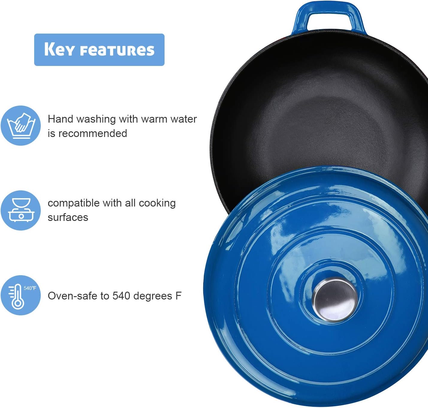 Puricon Enameled Cast Iron Casserole Braiser Pan 3.8 Quart, 12 Inches Enamel Cookware Skillet with Lid and Dual Handles -Classic Blue