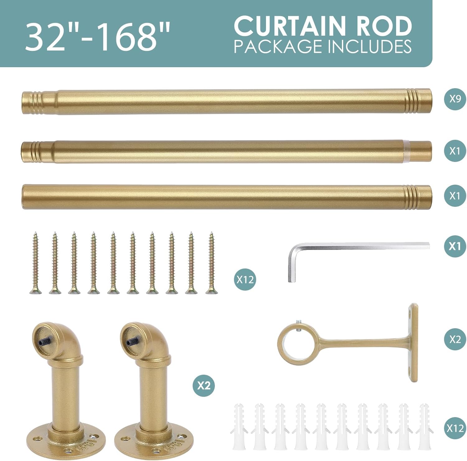 Industrial Curtain Rods - 144-168 Inches, Wrap Around Gold Design - Indoor/Outdoor Room Divider - Adjustable, 30-168 Inches