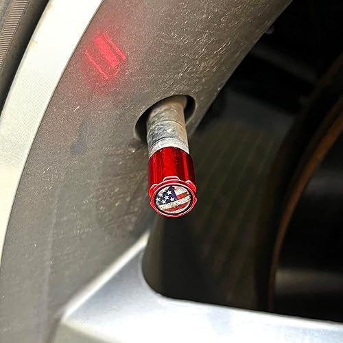 Miniatura 5 de Tapones de válvula rojos de aluminio para neumáticos de automóvil, tapas de vástago de válvula de metal con bandera de Estados Unidos, ajuste