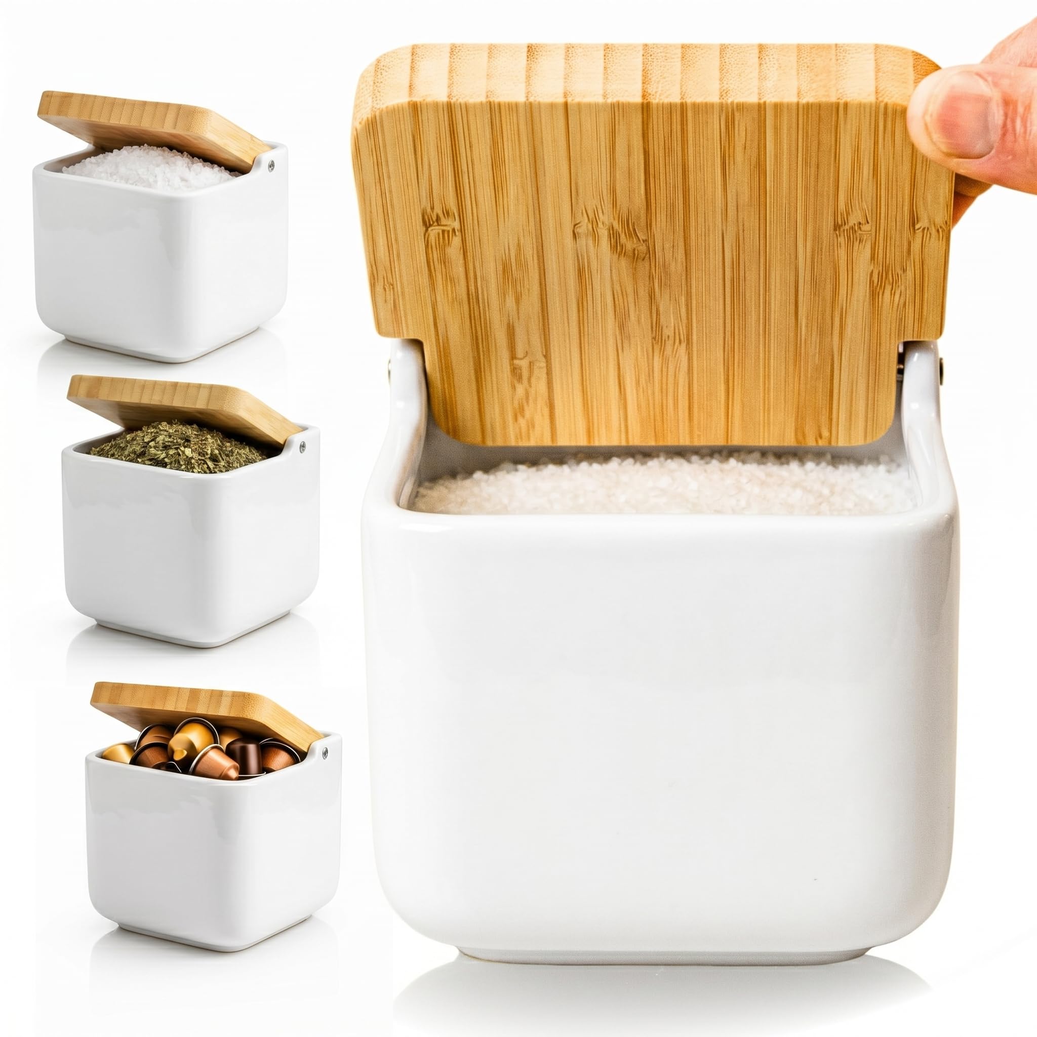 KOOK TIME Ceramic Salt Cellar with Bamboo Swivel Lid | Modern Kitchen Storage Pot for Salt, Spices or Sugar | 11.5 cm White Shiny Finish