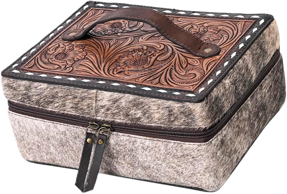 American Darling Jewelry Case for Women - Hand Tooled Floral Carved Leather, Hair-On Cowhide & Buck Stitched Organizer