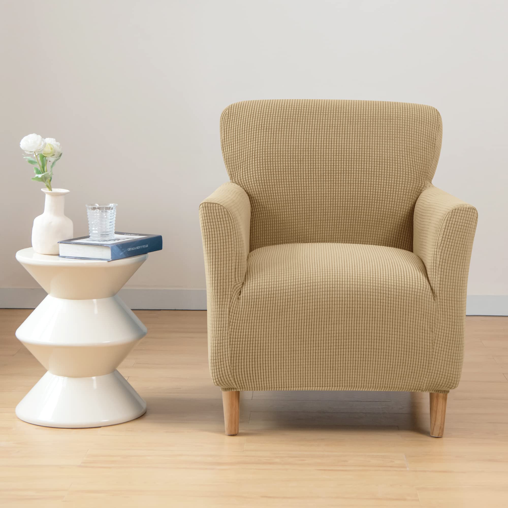 SHANNA Stretch Banquet Chair Covers: 1Piece Mid Century Luxury Knitted Armchair Slipcovers Waterproof Armchair Couch Covers with Foam Rods Arm Chair Cover,for Living Room Bedroom (Khaki) - Image 2