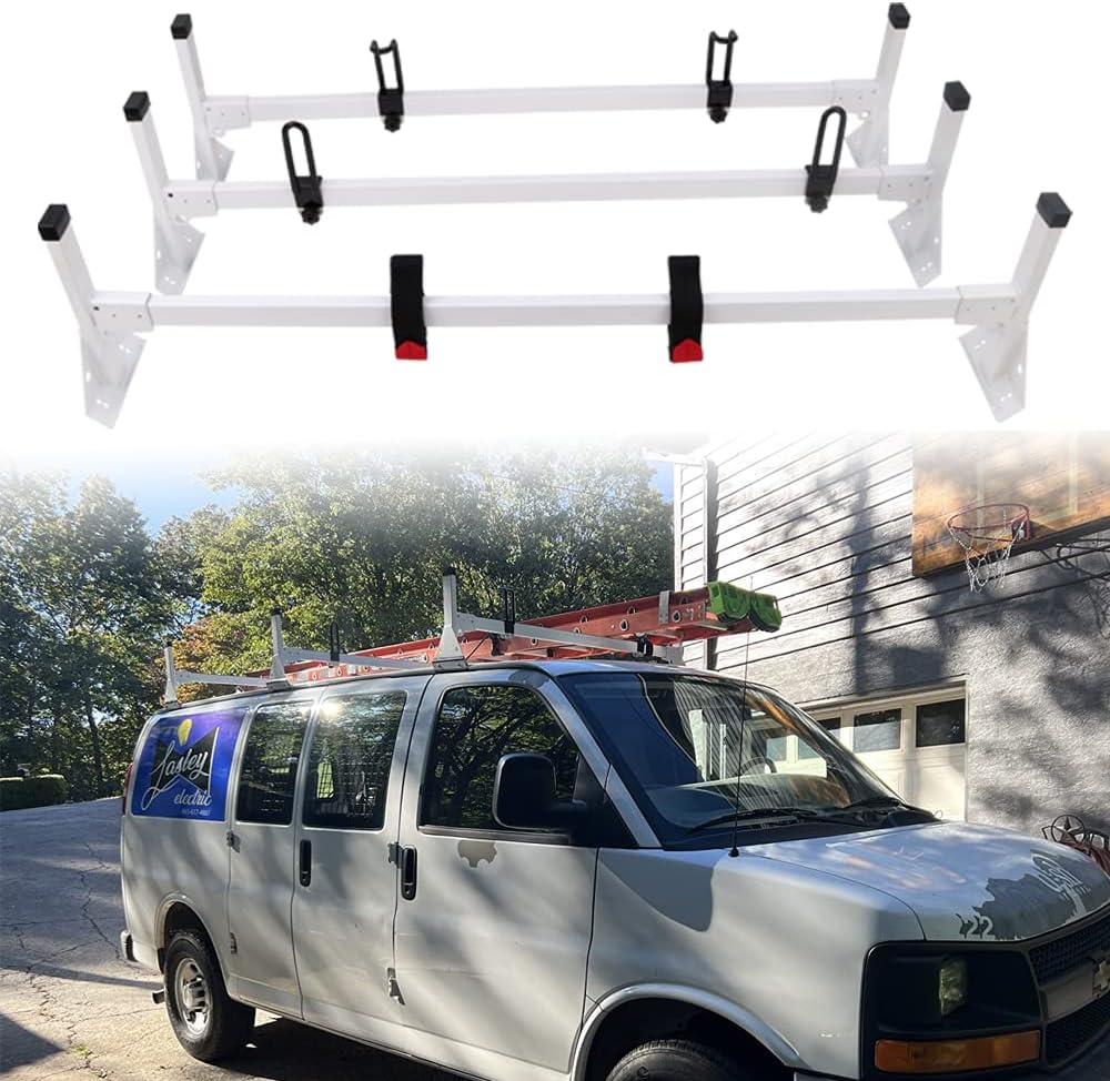 MELIPRON Full Size Cargo Van Ladder Roof Rack, 3 Bar Rain-Gutter Mount Racks