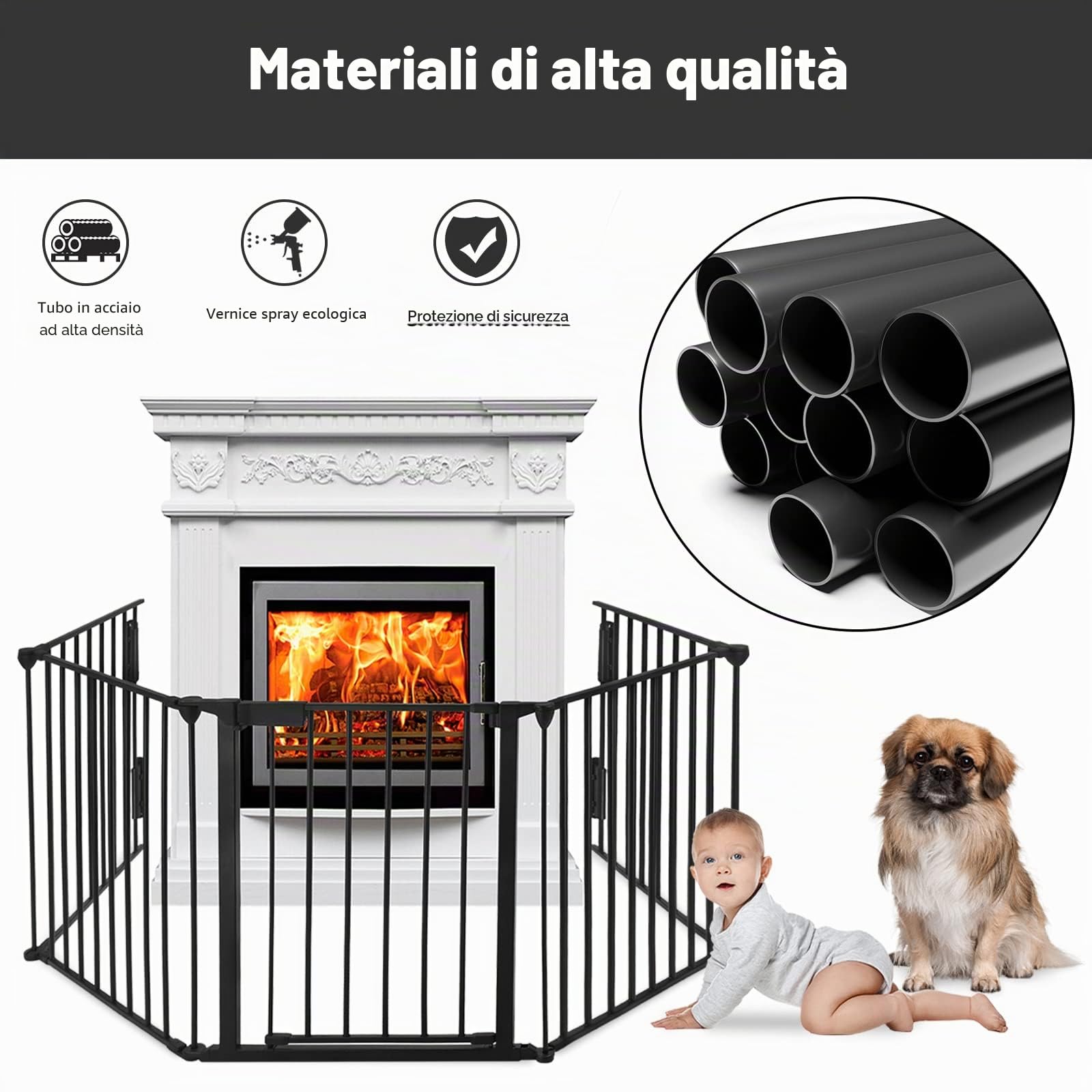 UISEBRT Cancelletto di Protezione per Camino, Sicurezza Barriera Protettiva Pieghevole per Bambini, Cani, Animali, Stufa, 300 x 75 cm, 4 pezzi, Nero