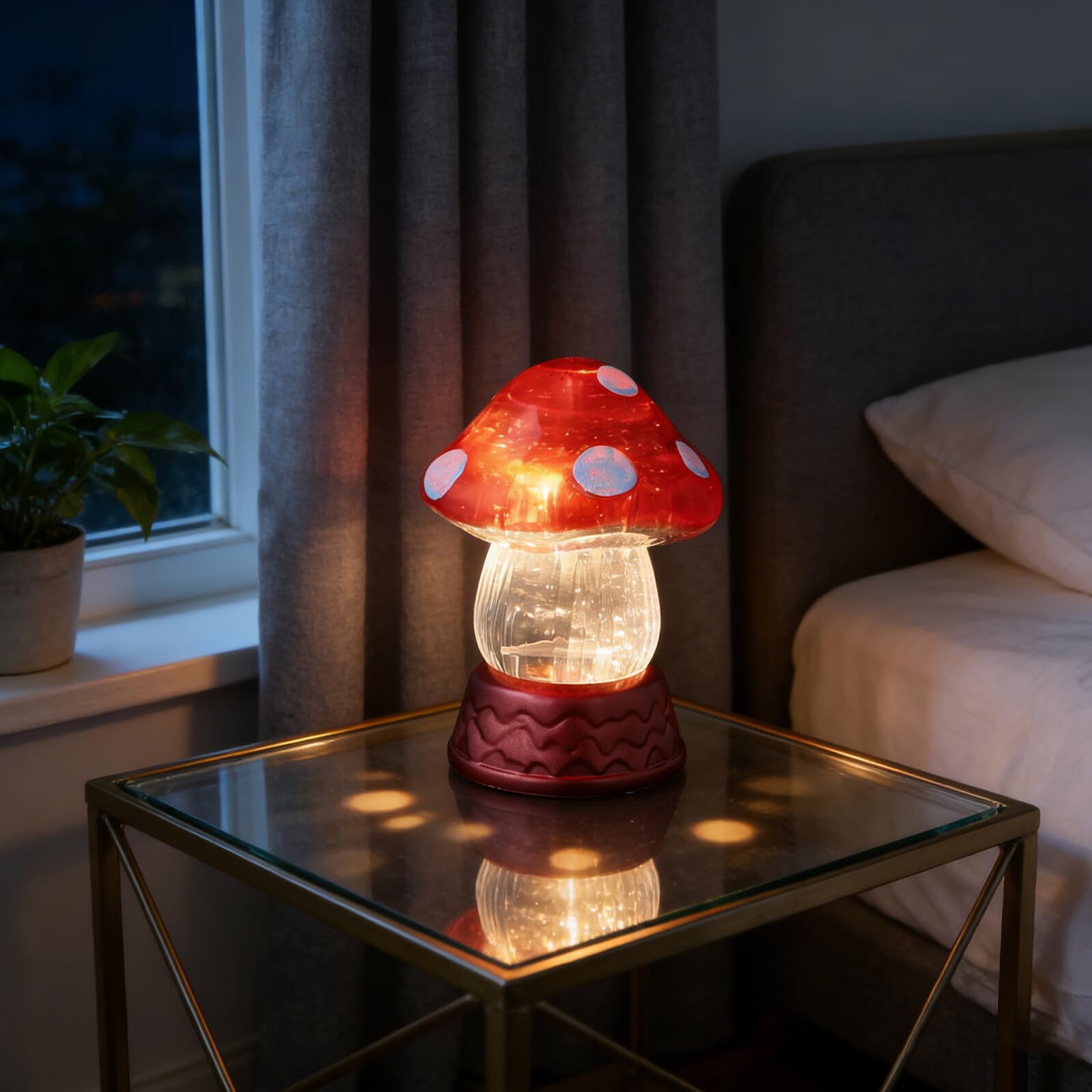 Lampka Nocna Grzybek LED z Efektem Śniegu Do Sypialni Miękkie Światło bez Odblasków Przenośna Lampa Stołowa Biurko i Nocny Stolik Dekoracja Zimowa i Dziecięca