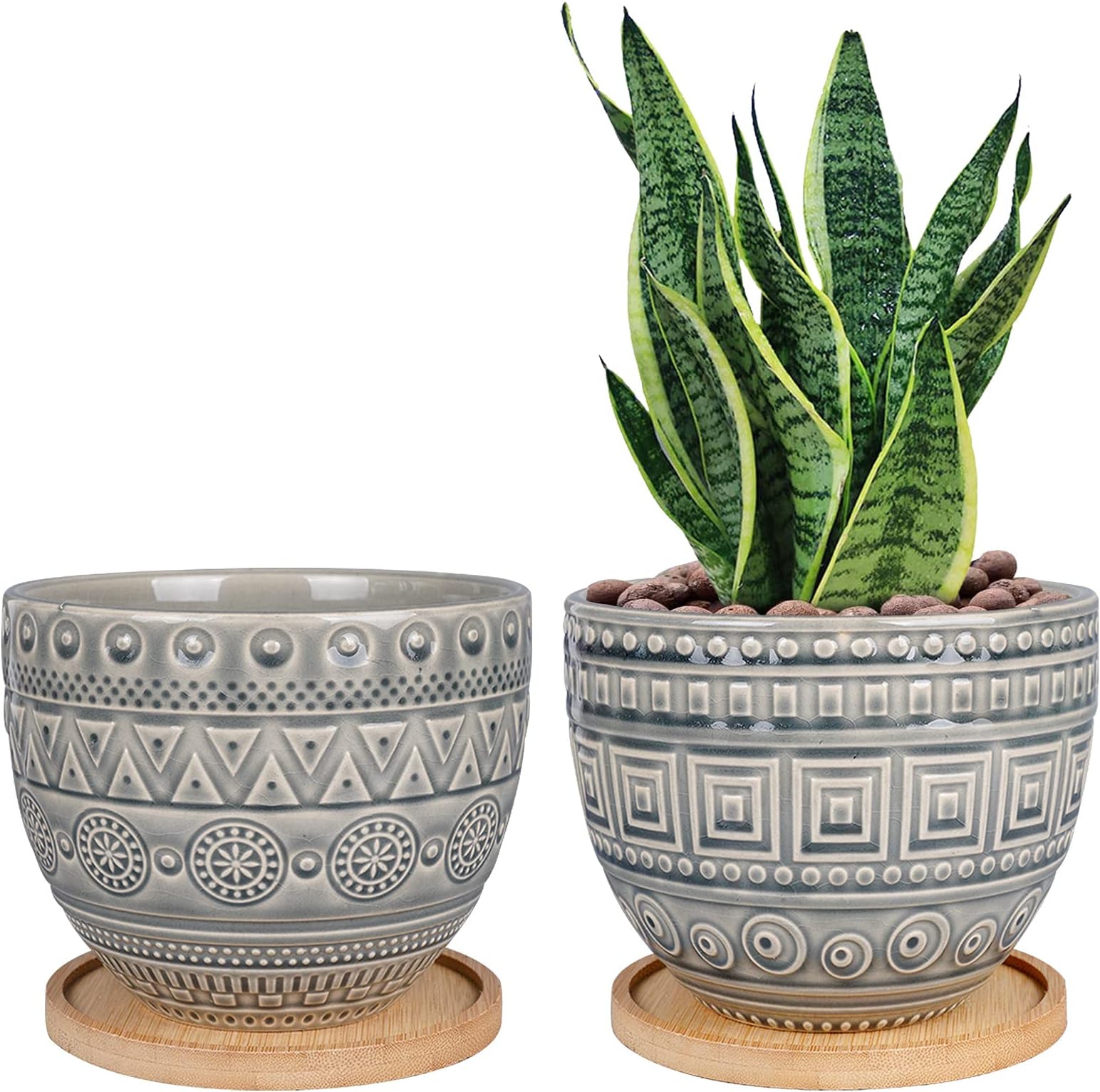 G EPGardening Retro Gray Succulent Planters Indoor Ceramic Geometry Pattern Flower Pots Set of 2 with Bamboo Tray