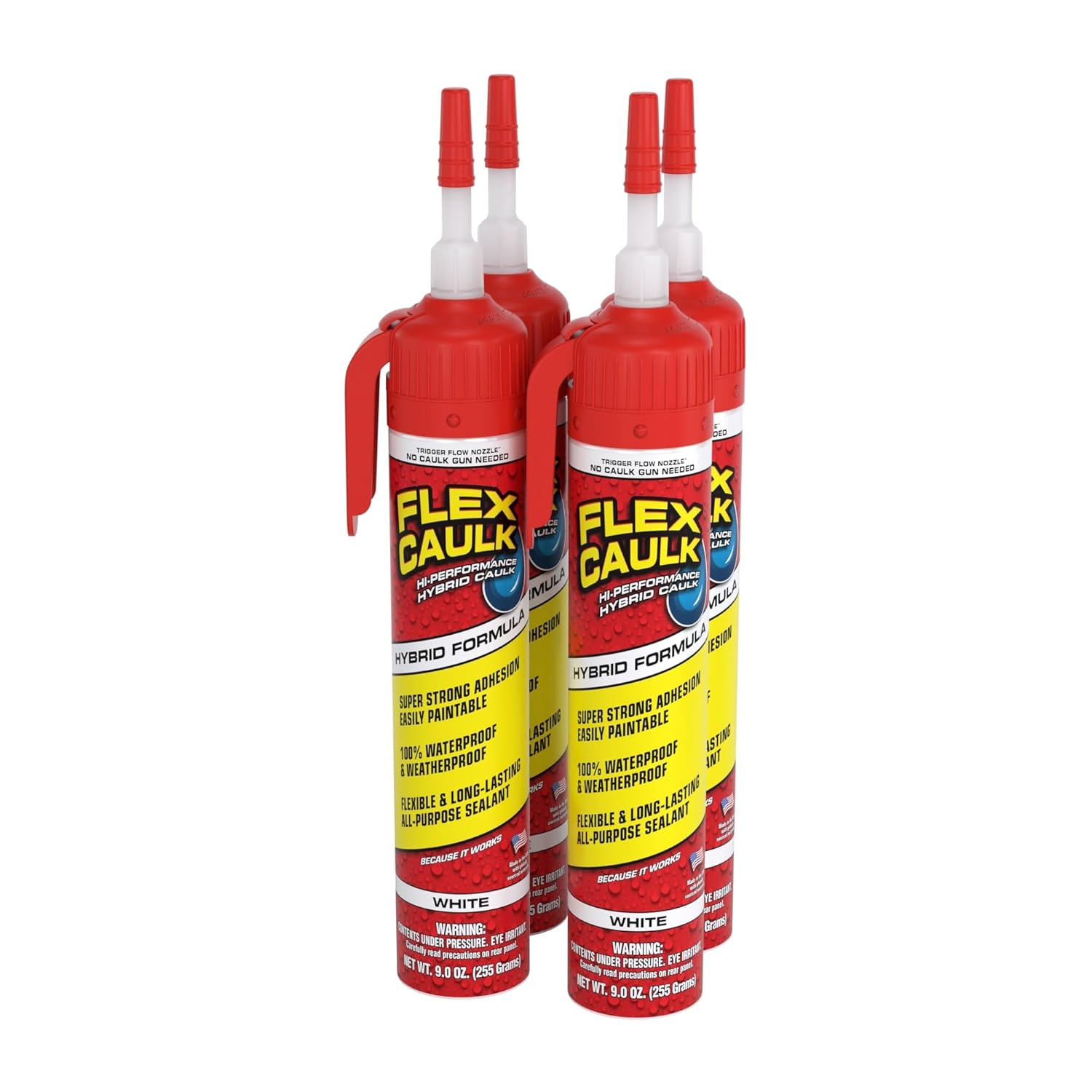 Flex Caulk, Waterproof & Weatherproof Hybrid Polymer Sealant, Strong, Paintable, Indoor, Outdoor, Bath, Shower, Sink, Window, Baseboards, Door, RV, Roof, Wood, Auto & Marine, White, 9 oz, Case of 4