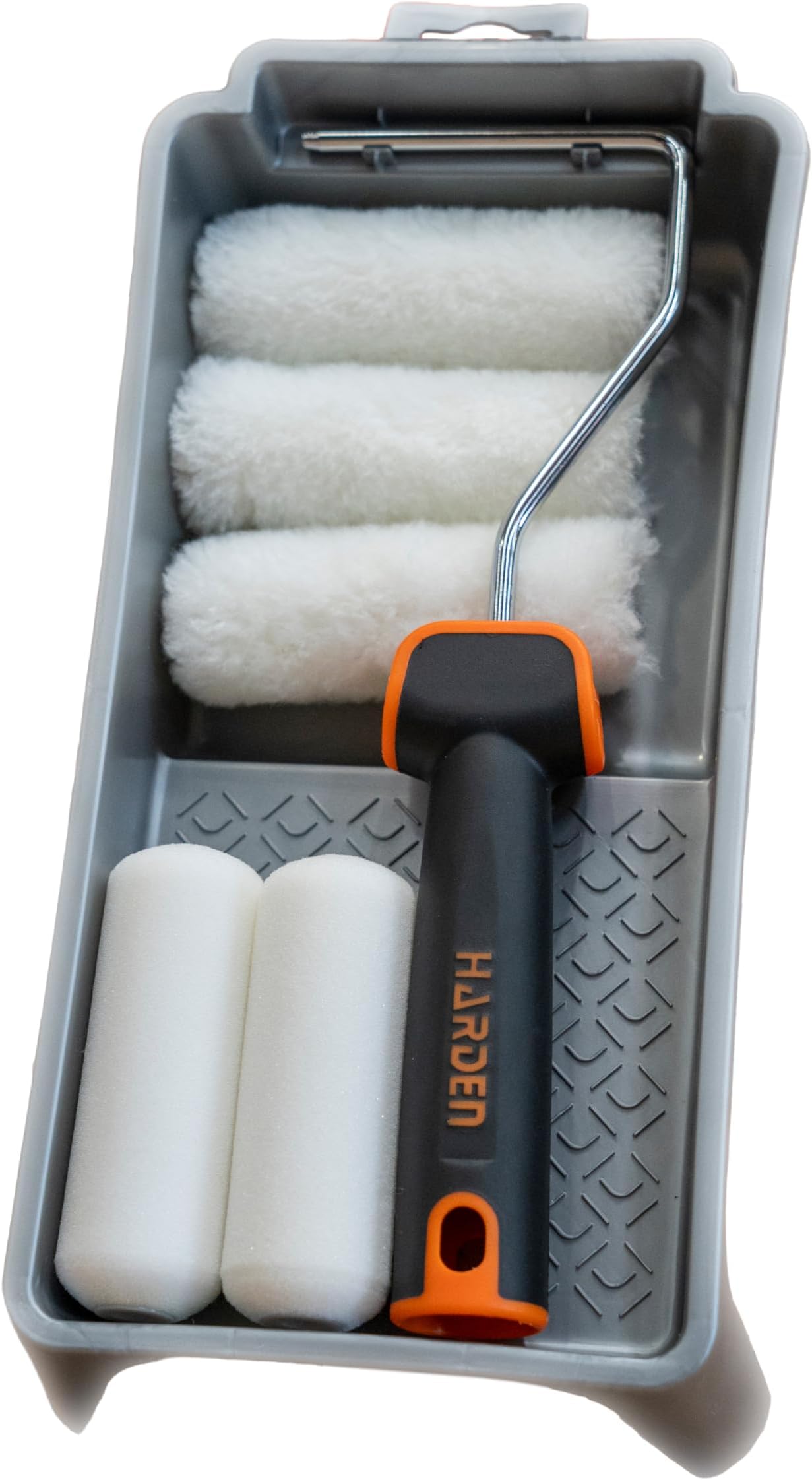 Harden Professional 4 inches 7-Piece Paint Roller Brush Set – Includes Foam & Polyester Acrylic Rollers, Silver Paint Trap, TPR Handle – Ideal for Smooth Finishes on All Paint Types