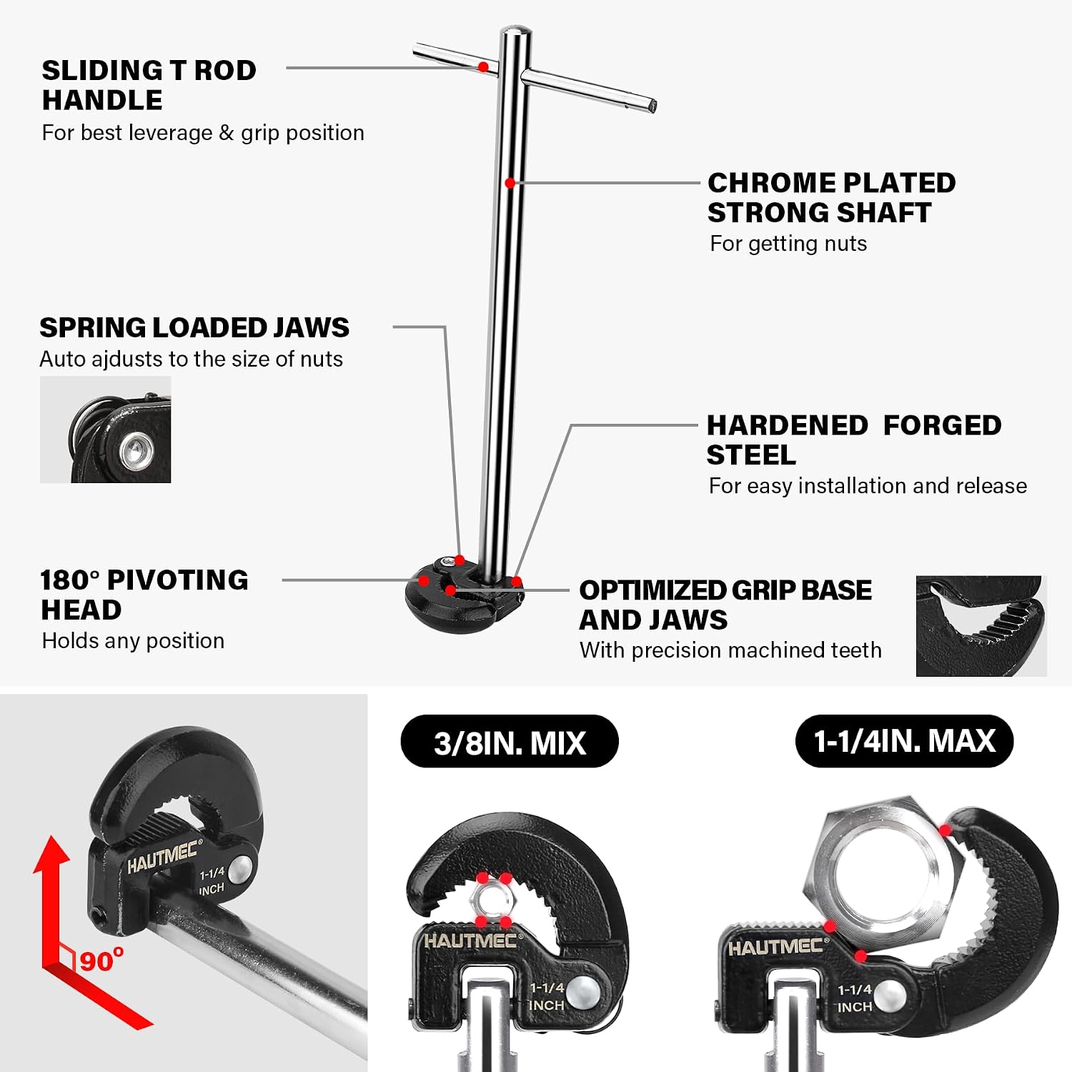 HAUTMEC PL0024 10" Basin Wrench Sink Faucet Wrench for Tight Spaces with Adjustable 3/8'' to 1-1/4''