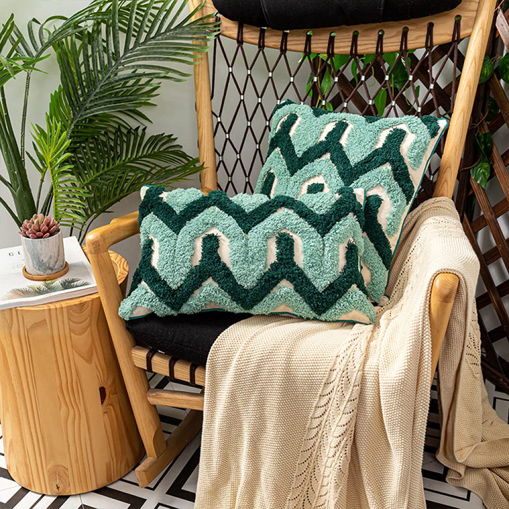Kissen Set Für Sofa,Retro Grüne Wellen Geometrisches Muster Getufteter Jacquard Baumwolle Dekorative Kissenbezüge Marokkanisches Boho Ethno 45X45Cm Dekokissen Bezüge Für Sofa Schlafzimmer Wohnz