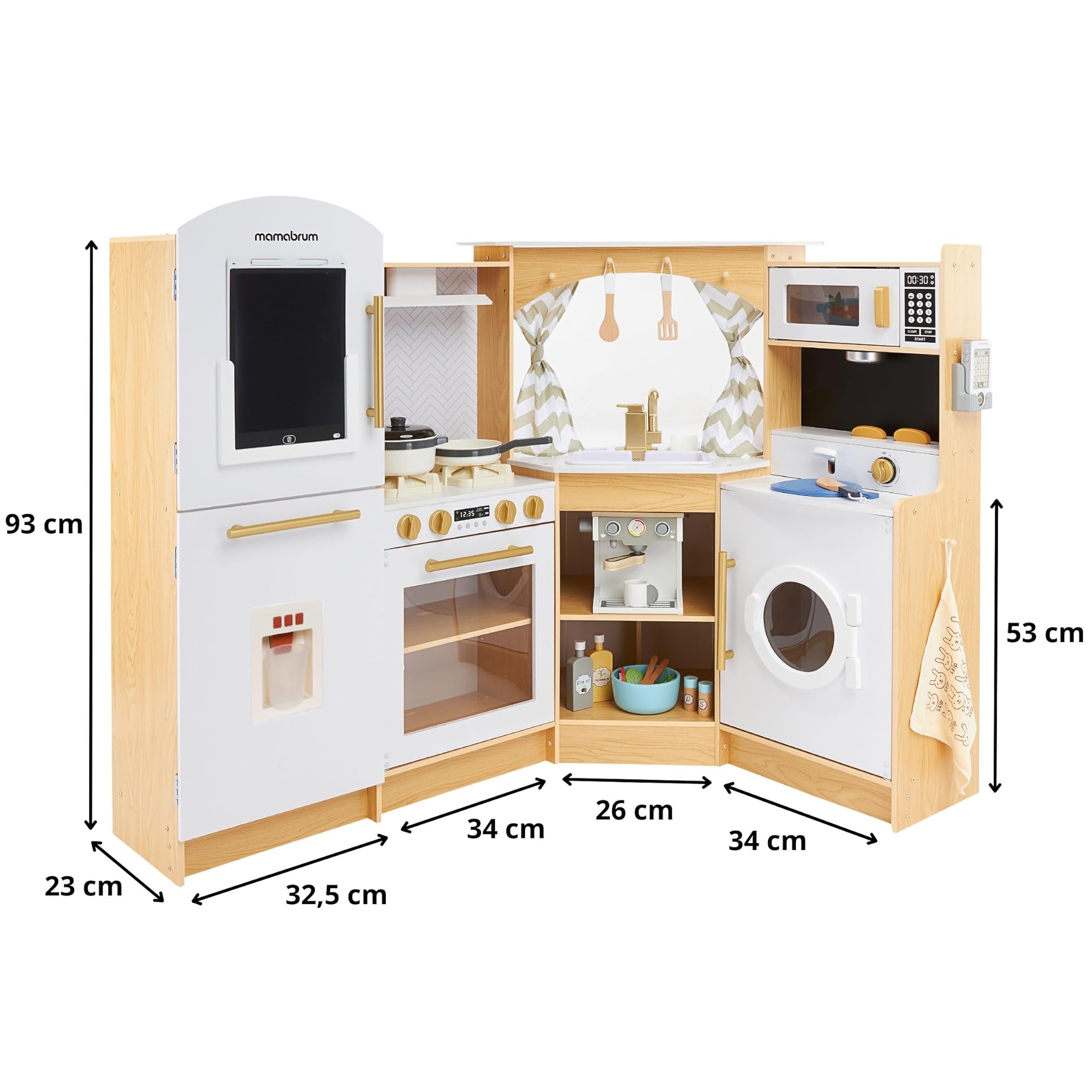 Mamabrum Cucina in Legno per Bambini 3+, Set XXXL con Luci LED, Caffettiera, Pentole, Frutta e Verdura | 50 Pezzi di Accessori Giocattolo