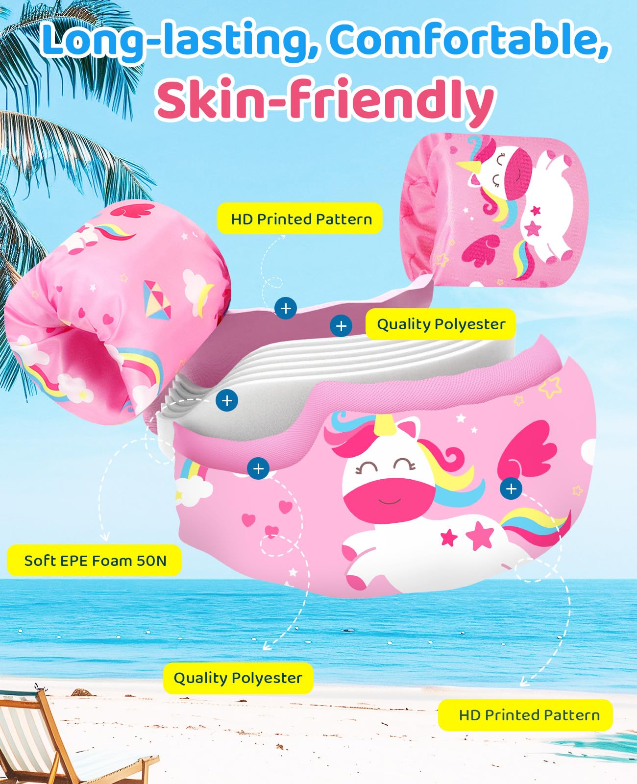 HeySplash Braccioli Gonfiabili, Canottiera per Piscina, Braccioli da Nuoto, Galleggiante per Nuoto Accessori per Bambini con Motivo Cartone Animato, Unicorno Rosa