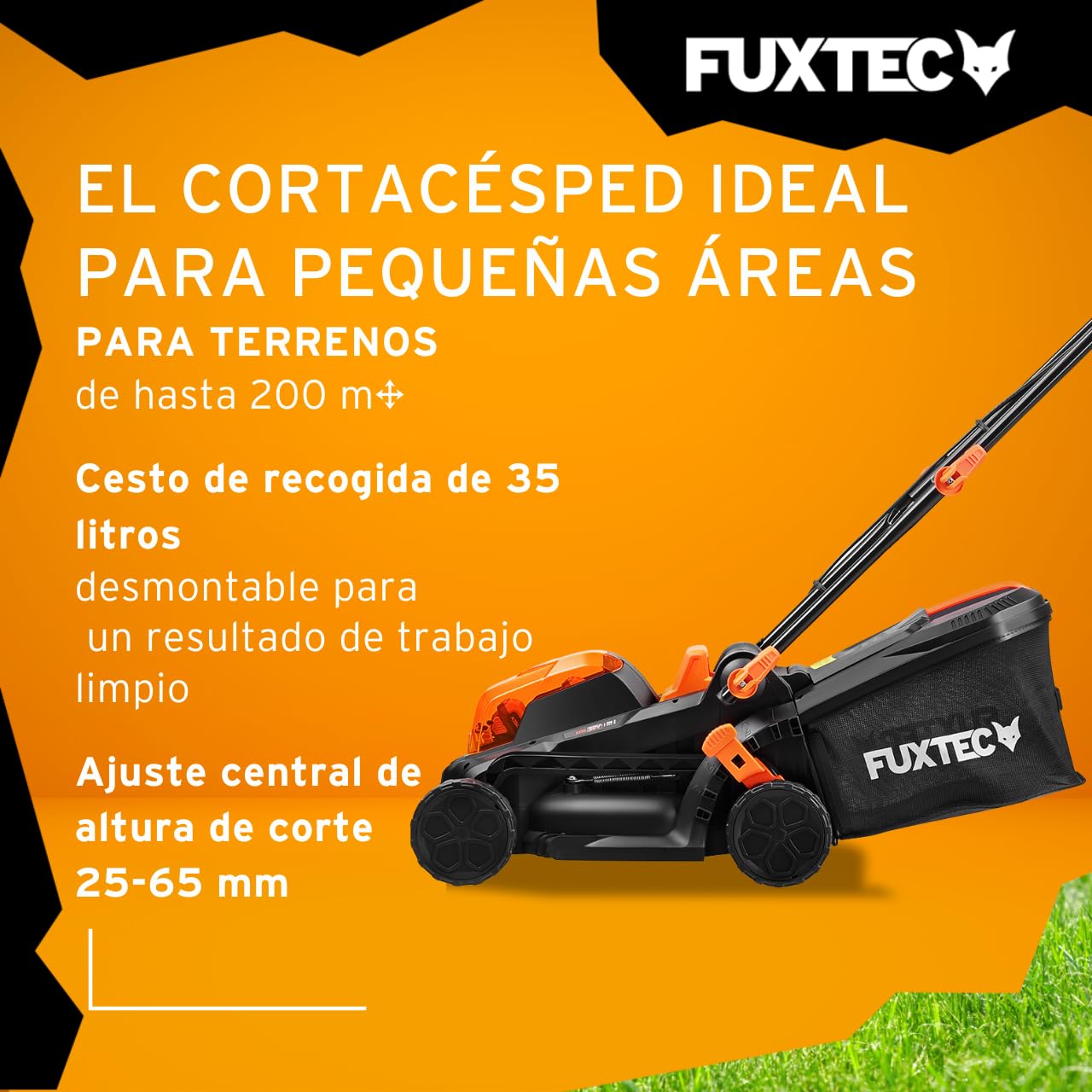 Cortacésped de batería Fuxtec FX-E1RM20 2x20V Set con 2 baterías y Cargador - 33cm de Ancho de Corte / 35L de Bolsa de Recogida de Hierba