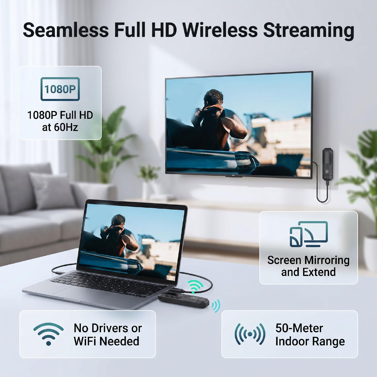 Ricevitore Trasmettitore Video Wireless 1080P 60Hz 50m per Interni | 1080P 60 Hz, Alloggiamento in ABS, compatibilità TV Box per PC Laptop, Sale Riunioni, Giochi Home Theater, Adattatore Display