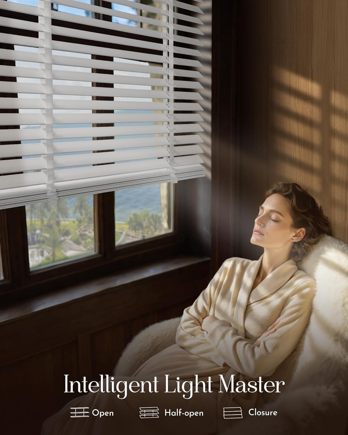 Graywind Motorized Solid Wood Blinds 90% Blackout Smart Electric Horizontal Blind Remote Rechargeable for Smart Home Office, Custom Size (Basswood White)