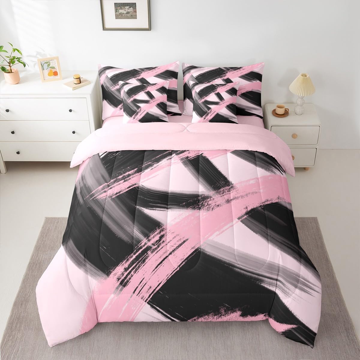 Feelyou Black Pink Comforter Set with Sheets Queen Size Abstract Geometric 7 Pieces Bedding Set for Boys Girls Modern Minimalist Bed in a Bag Microfiber