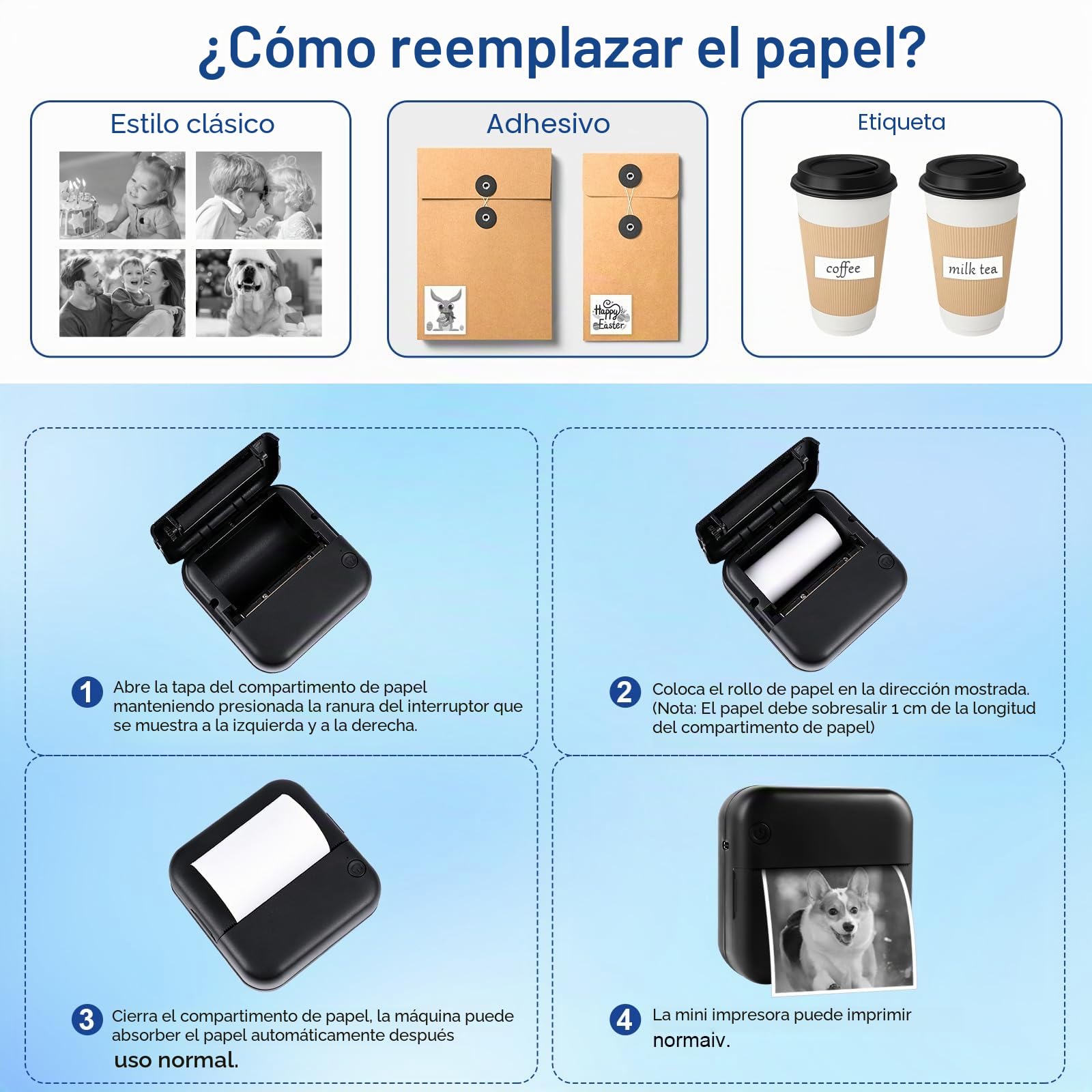 GuKKK Mini Impresora para Movil, Impresora Fotográfica, Portátil Mini Impresora Bluetooth Impresora Termica, Inalámbrico Impresora Térmica Con 13 Rolls of Paper, Movil Impresora Fotos, para Fotos Nota