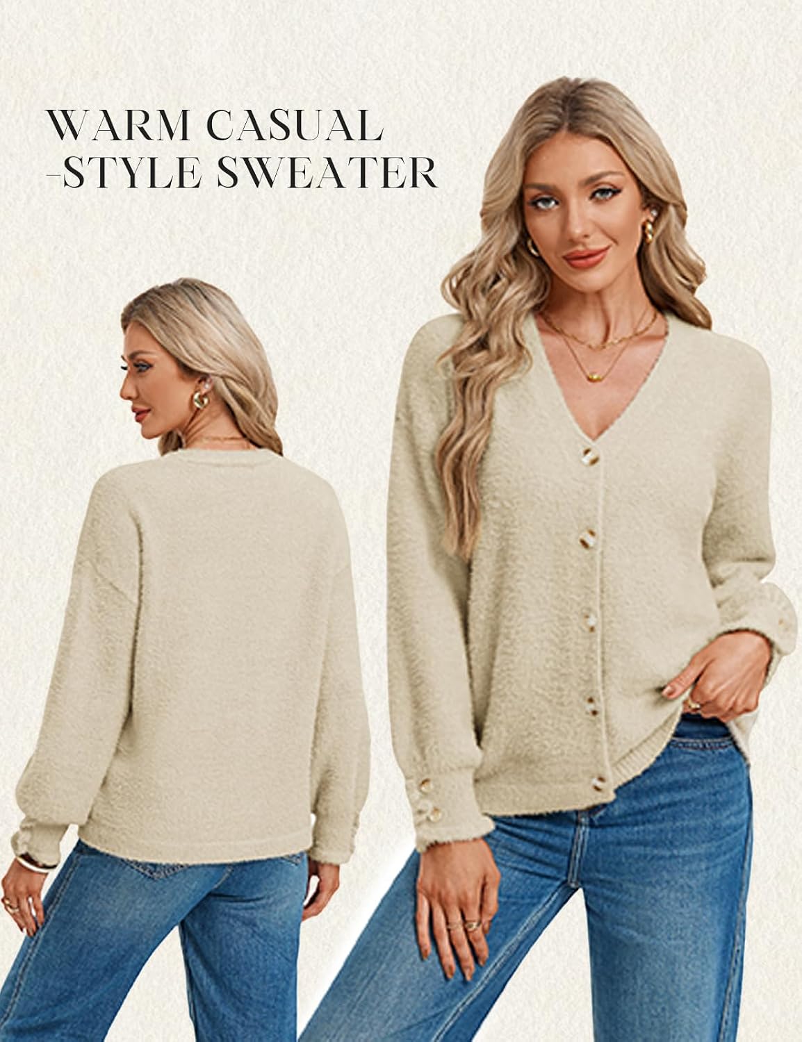 GRACE KARIN Women's Fuzzy Chunky Knit Cardigan Sweater - Cozy V-Neck Button Up Fall Fashion — view 3