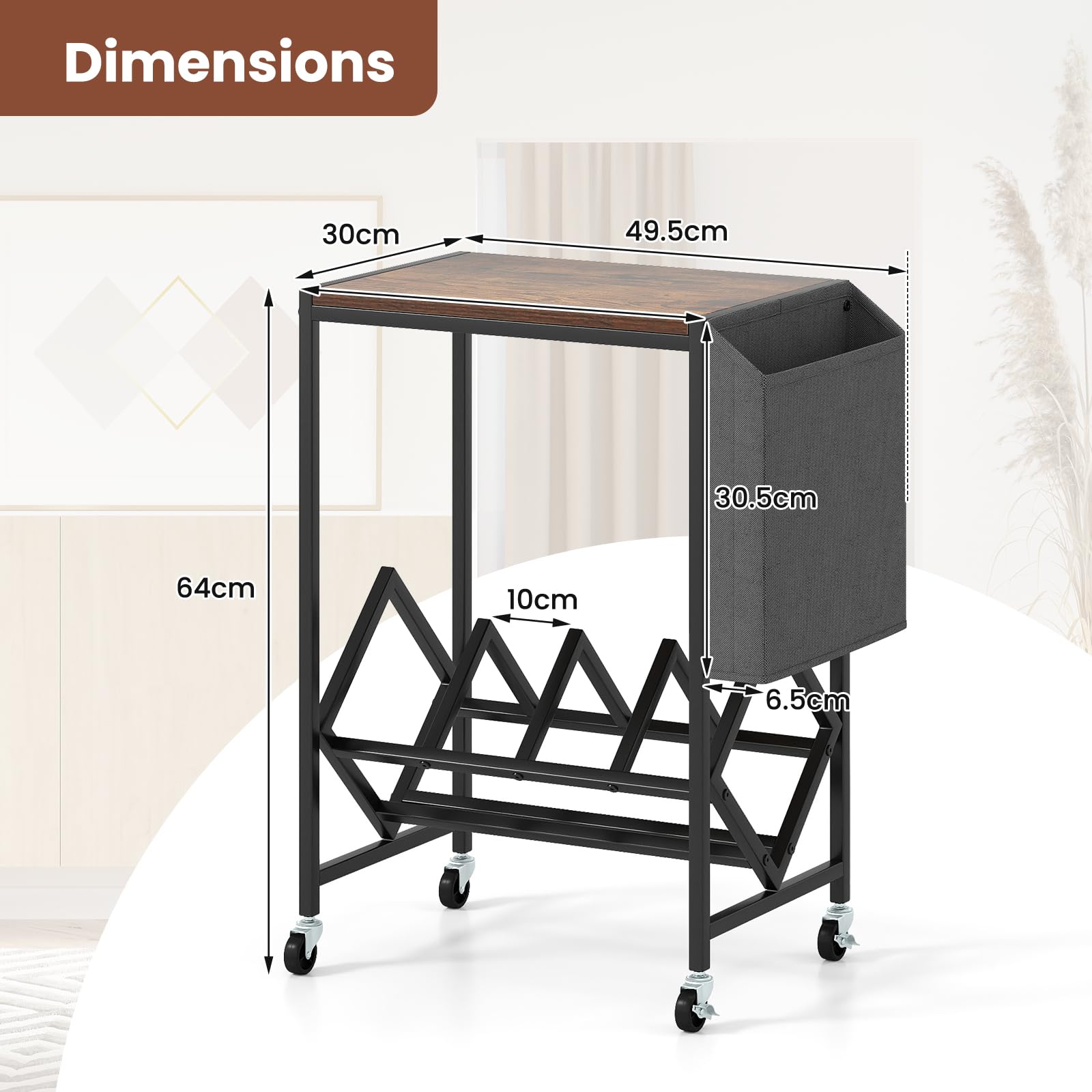 GIANTEX Meuble Vinyle à roulettes avec Poche Latérale, Meuble Vinyle Rangement pour 100 Albums CDs, Cadre en Métal, Support pour Tourne-Disques pour Salon, Salle de Musique (Marron)