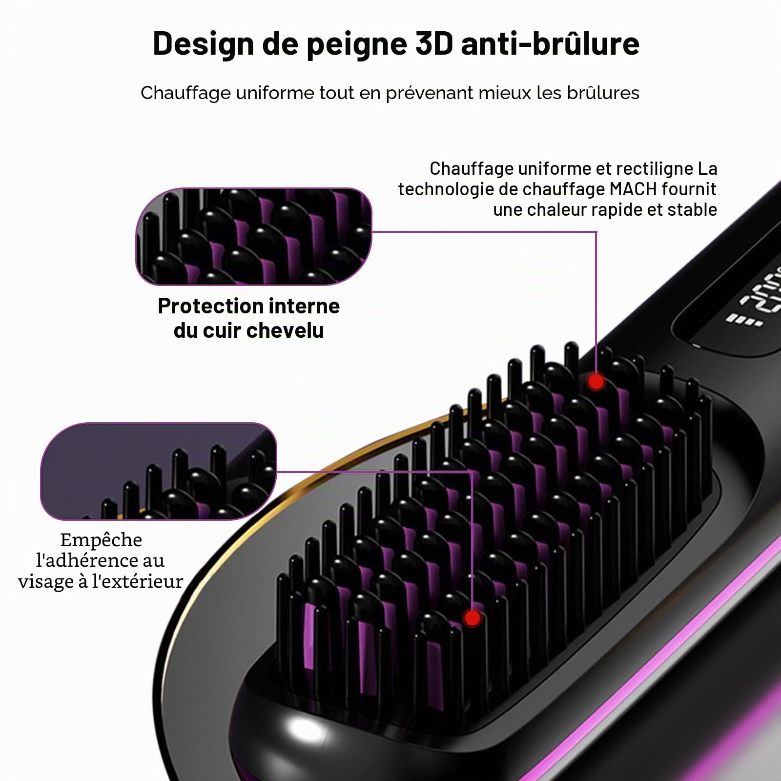 Go Brush Pro Peigne chauffant portable avec 3 modes de température - Brosse à lisser les cheveux sans fil pour le coiffage et les voyages