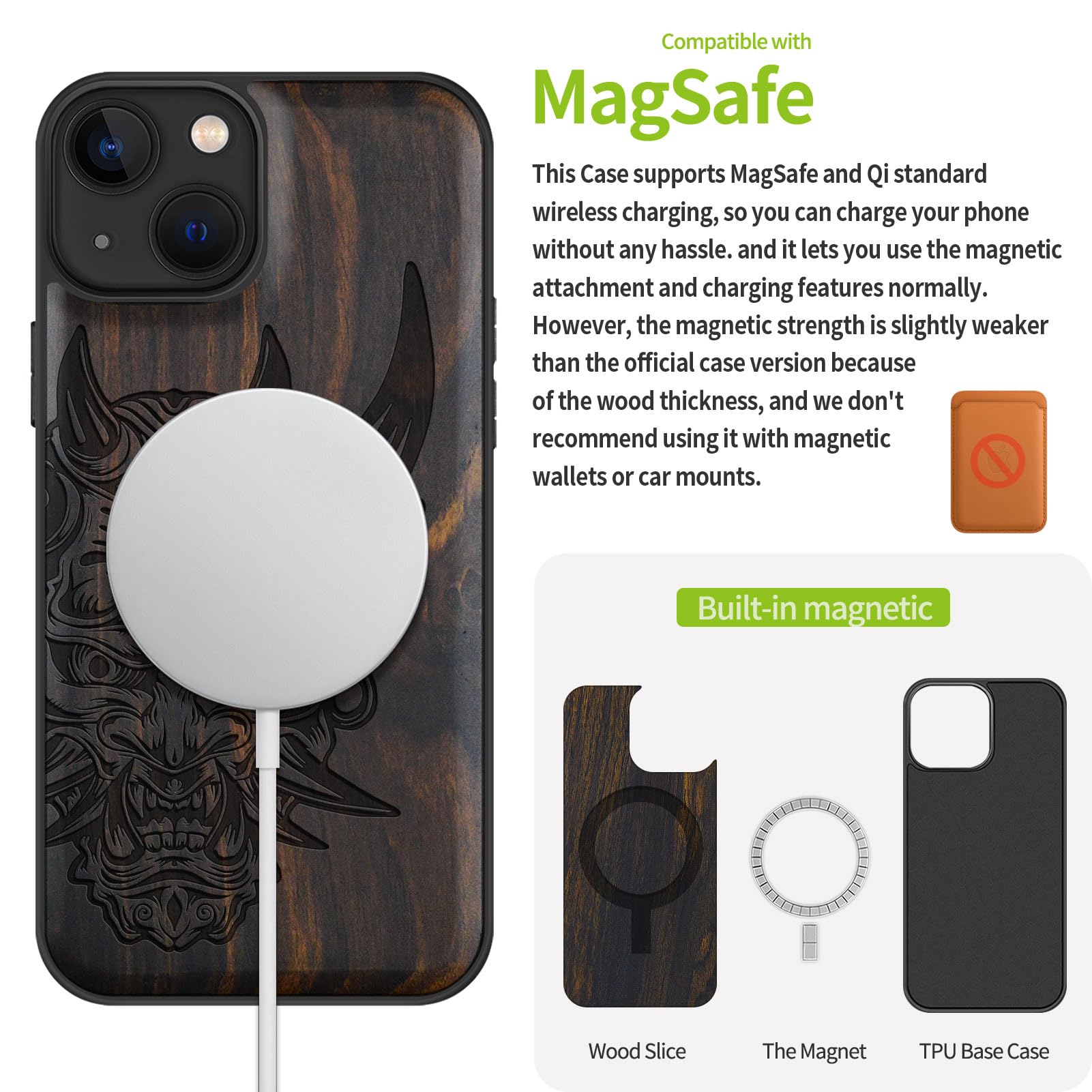 Carveit Custodia In Legno Per iPhone 13 Cover avec magnetico Custodia [Legno nero] [Paraurti Robusto TPU] Ricarica Compatibile con 13 MagSafe Custodia (La bussola grandi onde